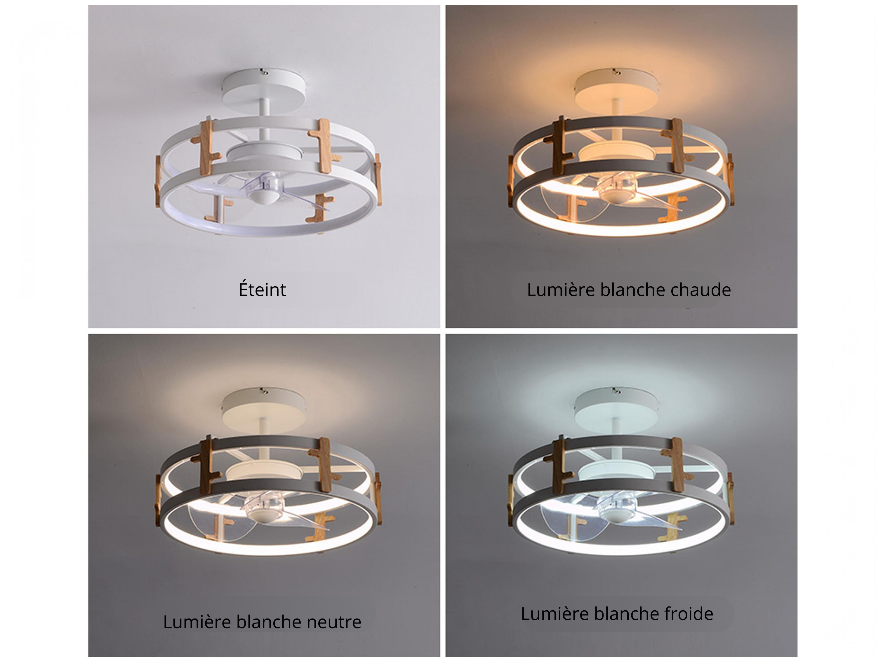 Lampe à ventilateur LED avec détails en bois