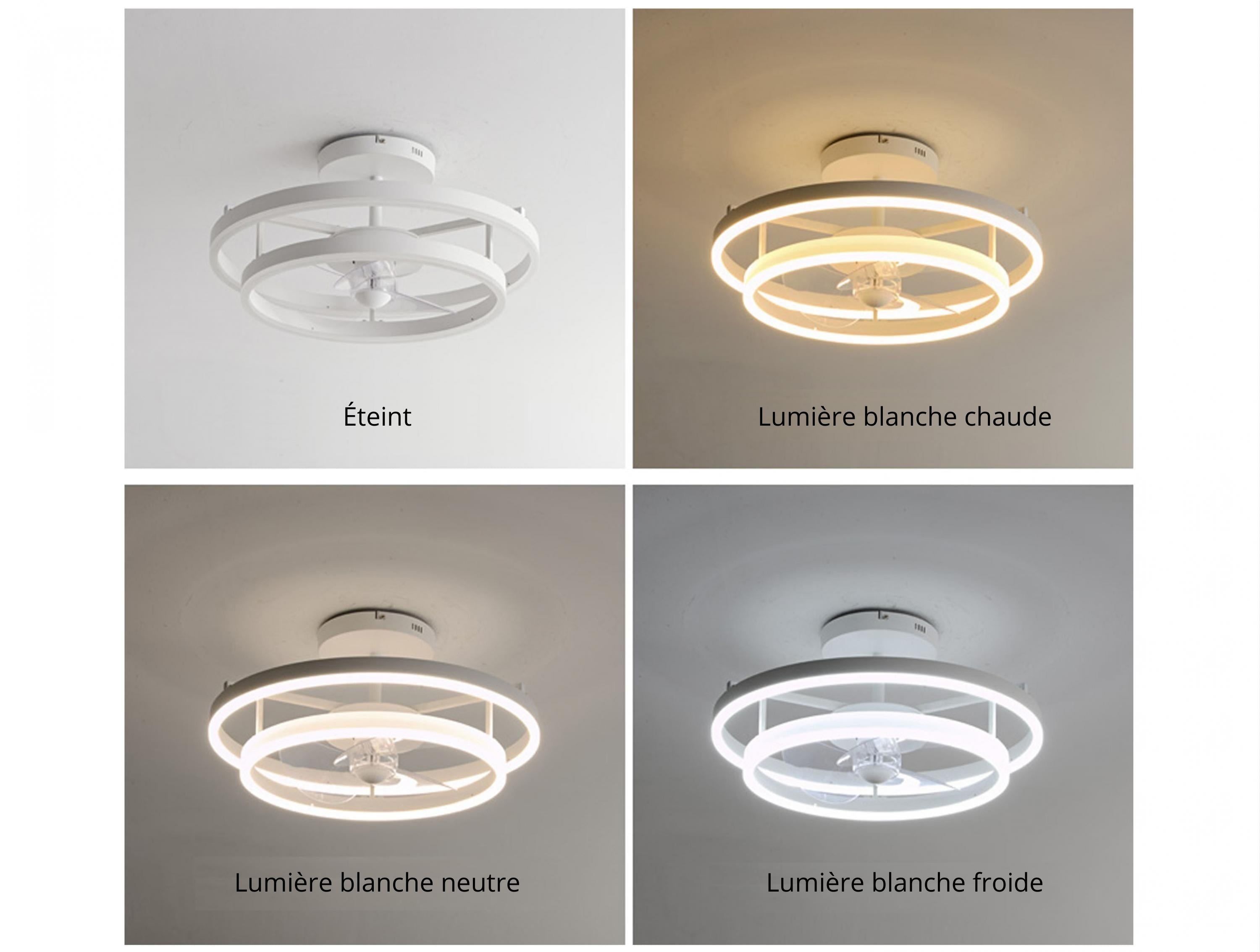 Lampe à ventilateur LED avec double anneau en aluminium blanc
