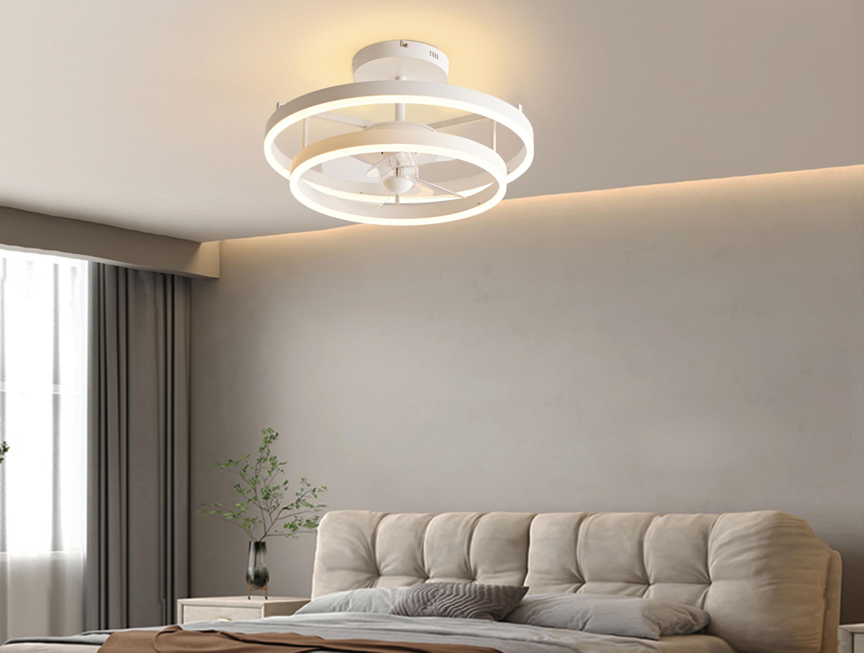 Lampe à ventilateur LED avec double anneau en aluminium blanc