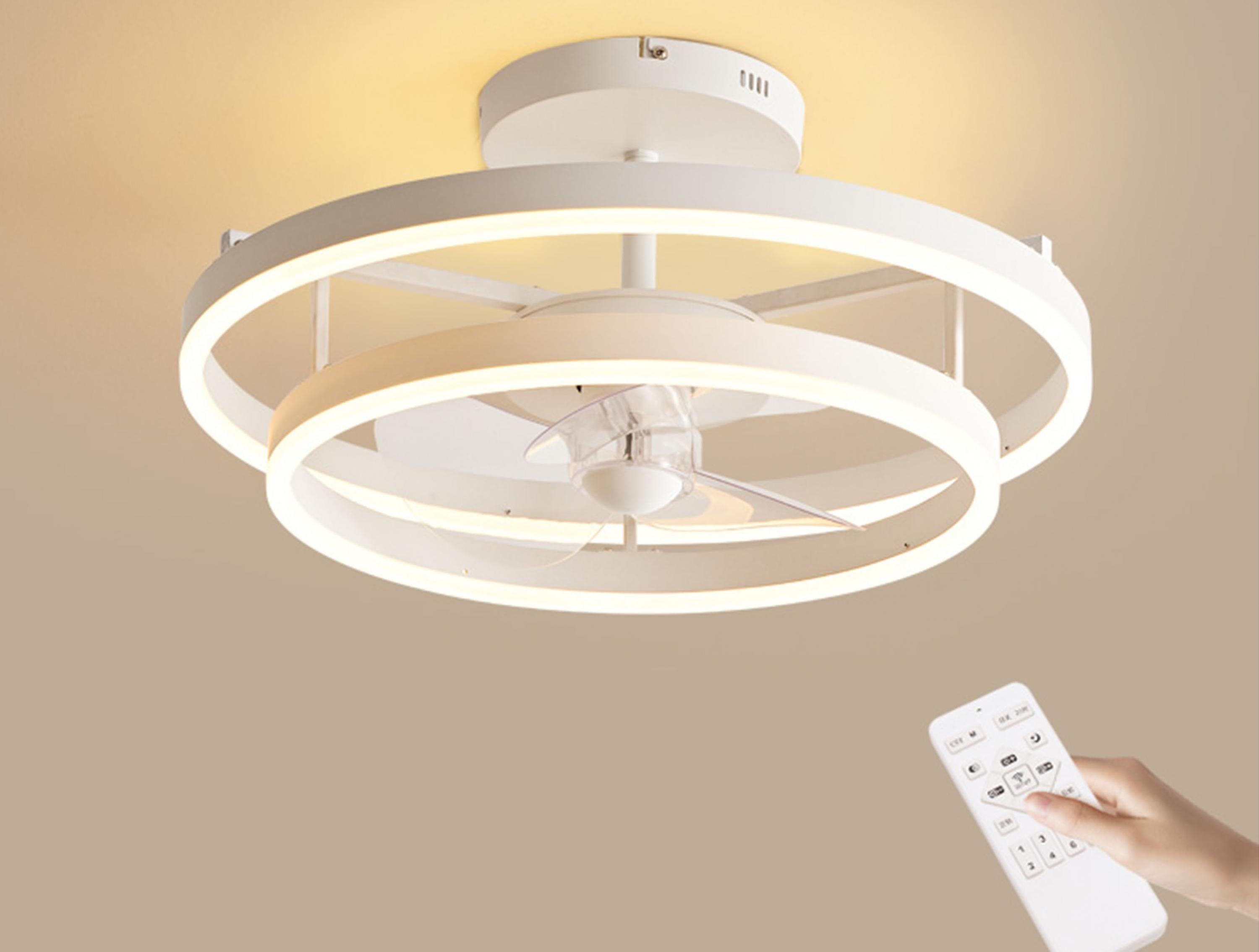 Lampe à ventilateur LED avec double anneau en aluminium blanc