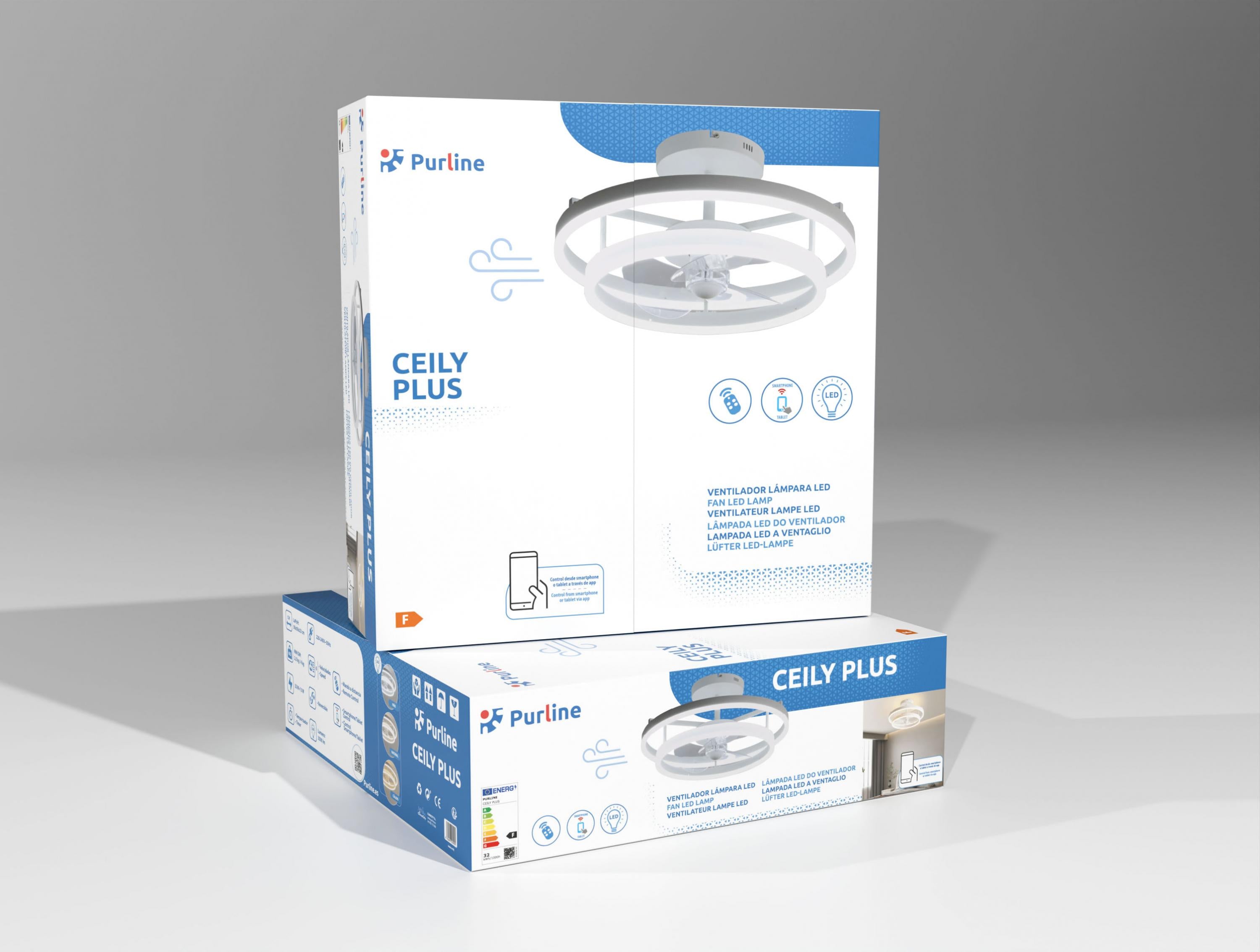 Lampe à ventilateur LED avec double anneau en aluminium blanc