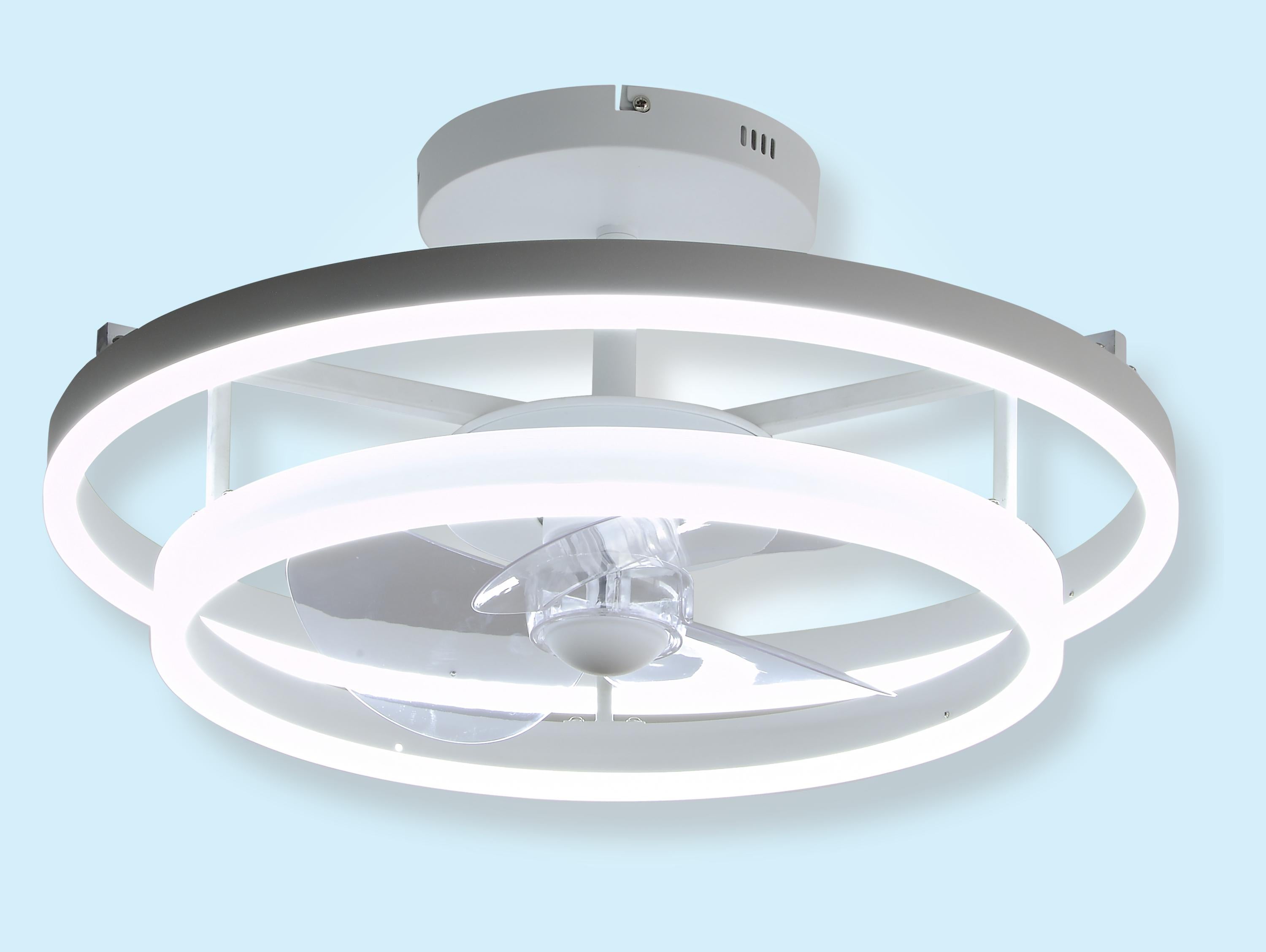 Lampe à ventilateur LED avec double anneau en aluminium blanc