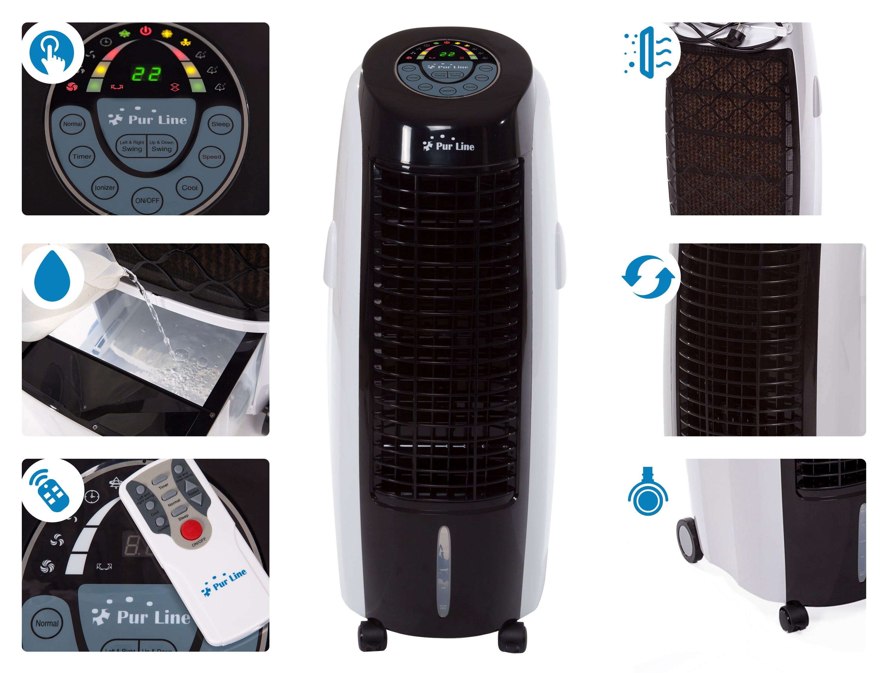 Rafraichisseur d'air par évaporation à débit élevé minuterie et 6 vitesses