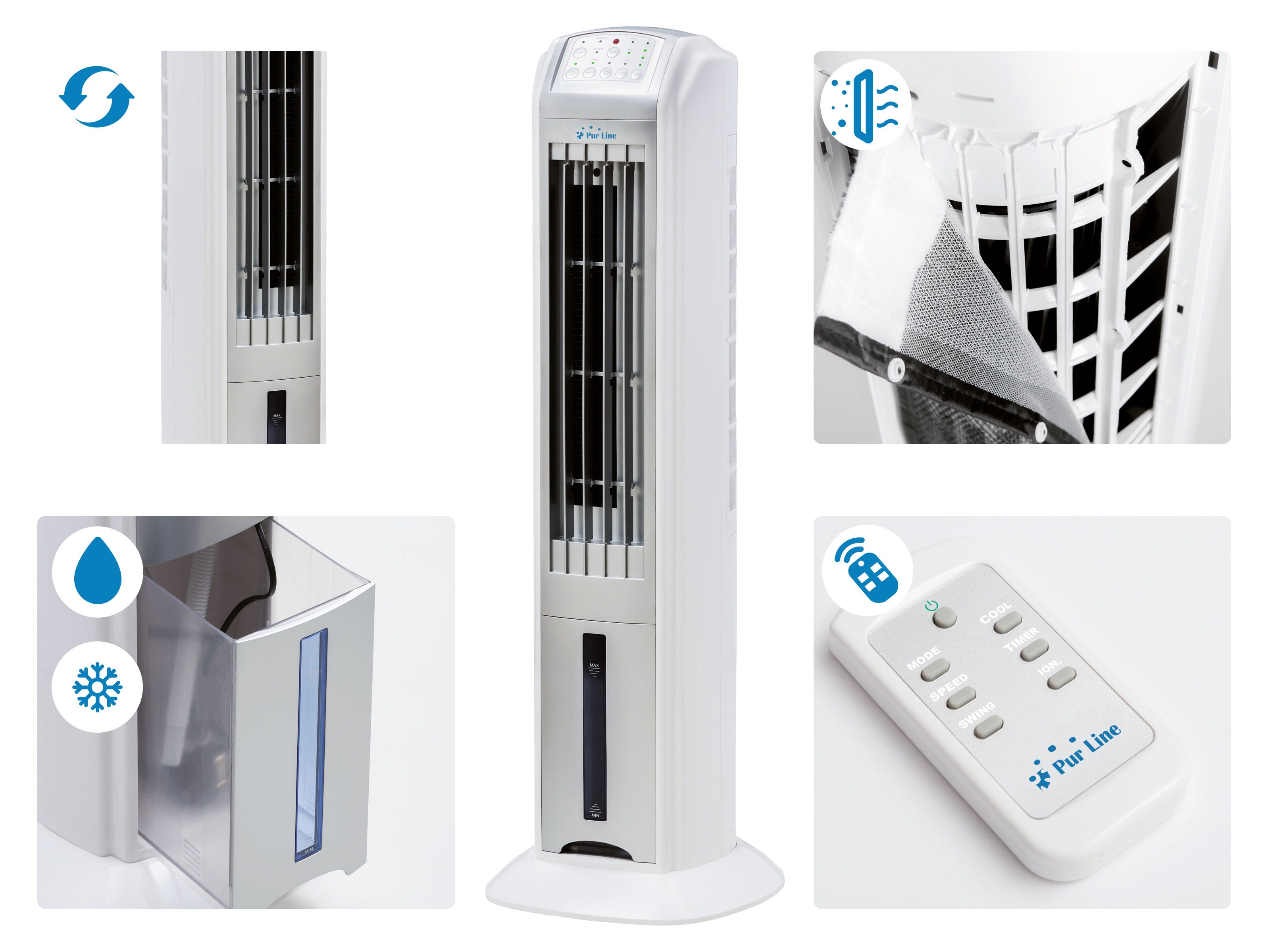 Rafraichisseur d'air par évaporation 70W avec ioniseur et 3 vitesses