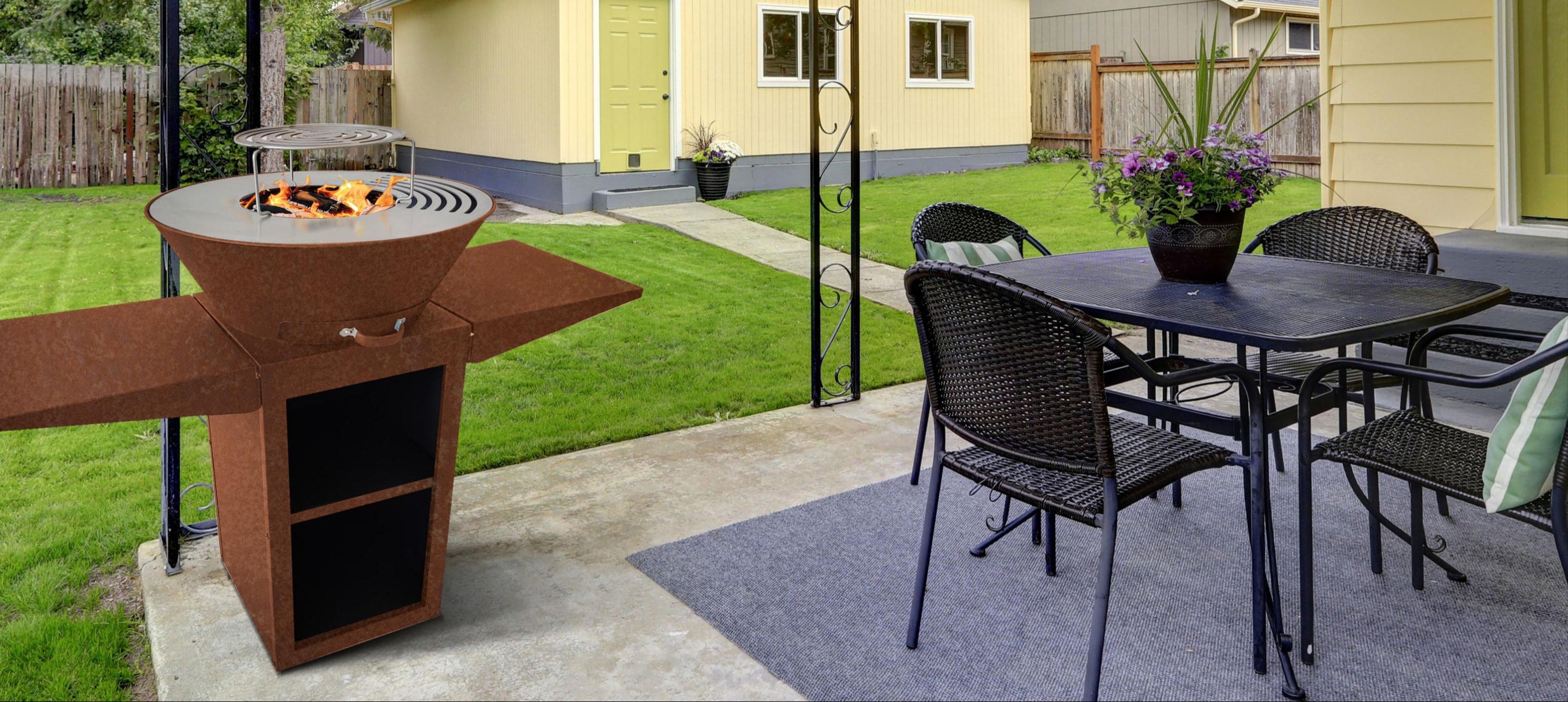Barbecue avec plaque ronde, grill et support en acier noir