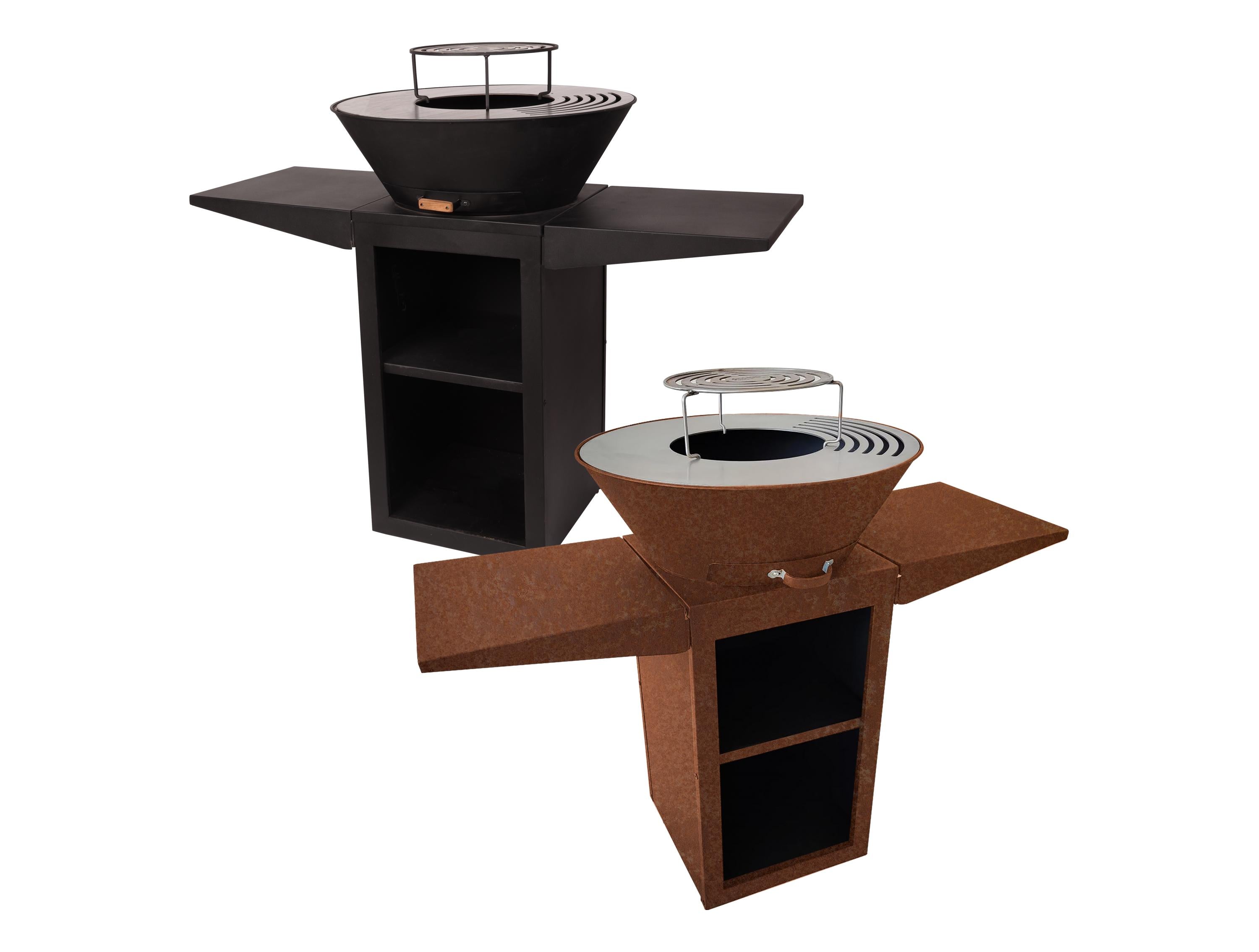 Barbecue avec plaque ronde, grill et support en acier noir