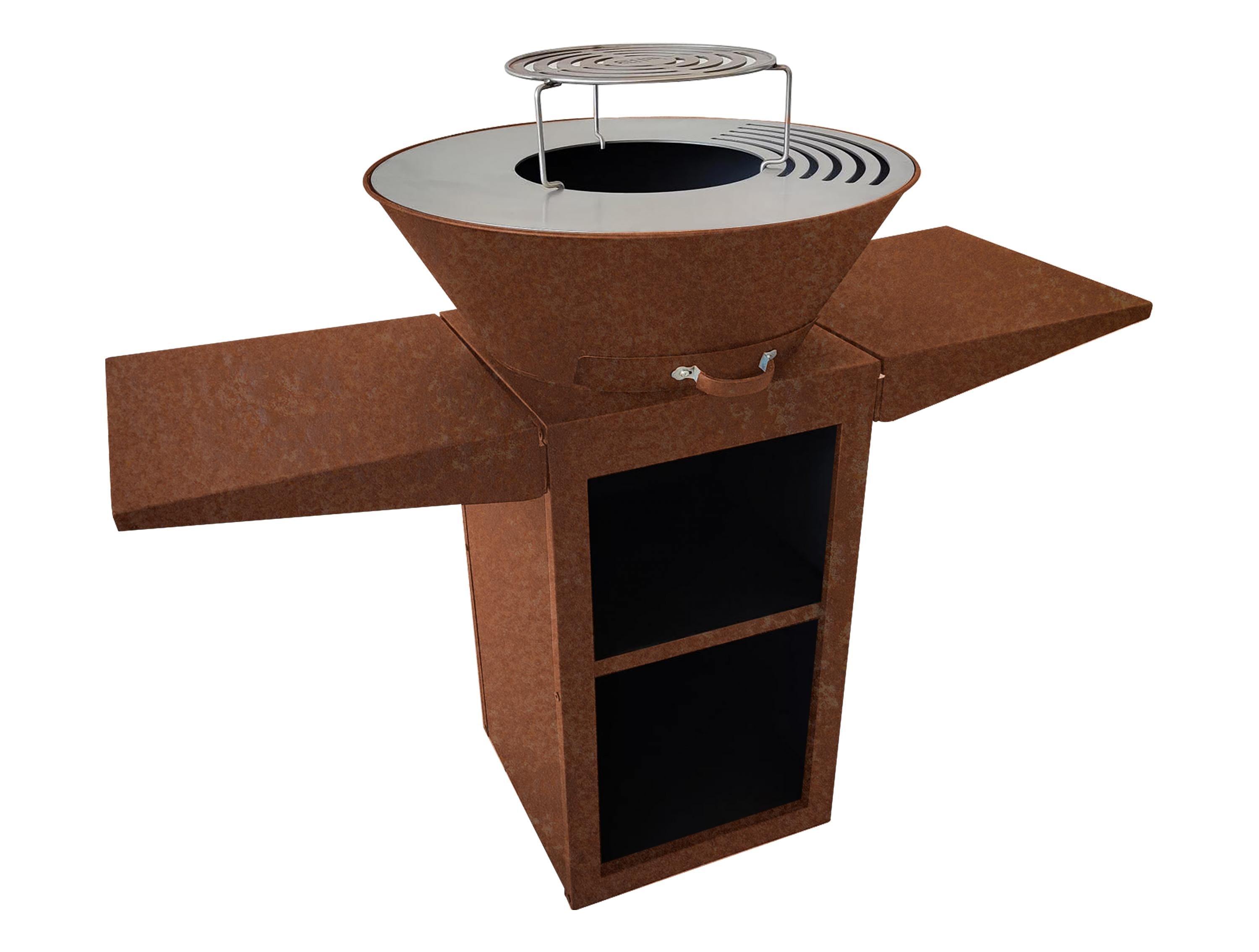 Barbecue avec plaque ronde, grill et support en acier noir