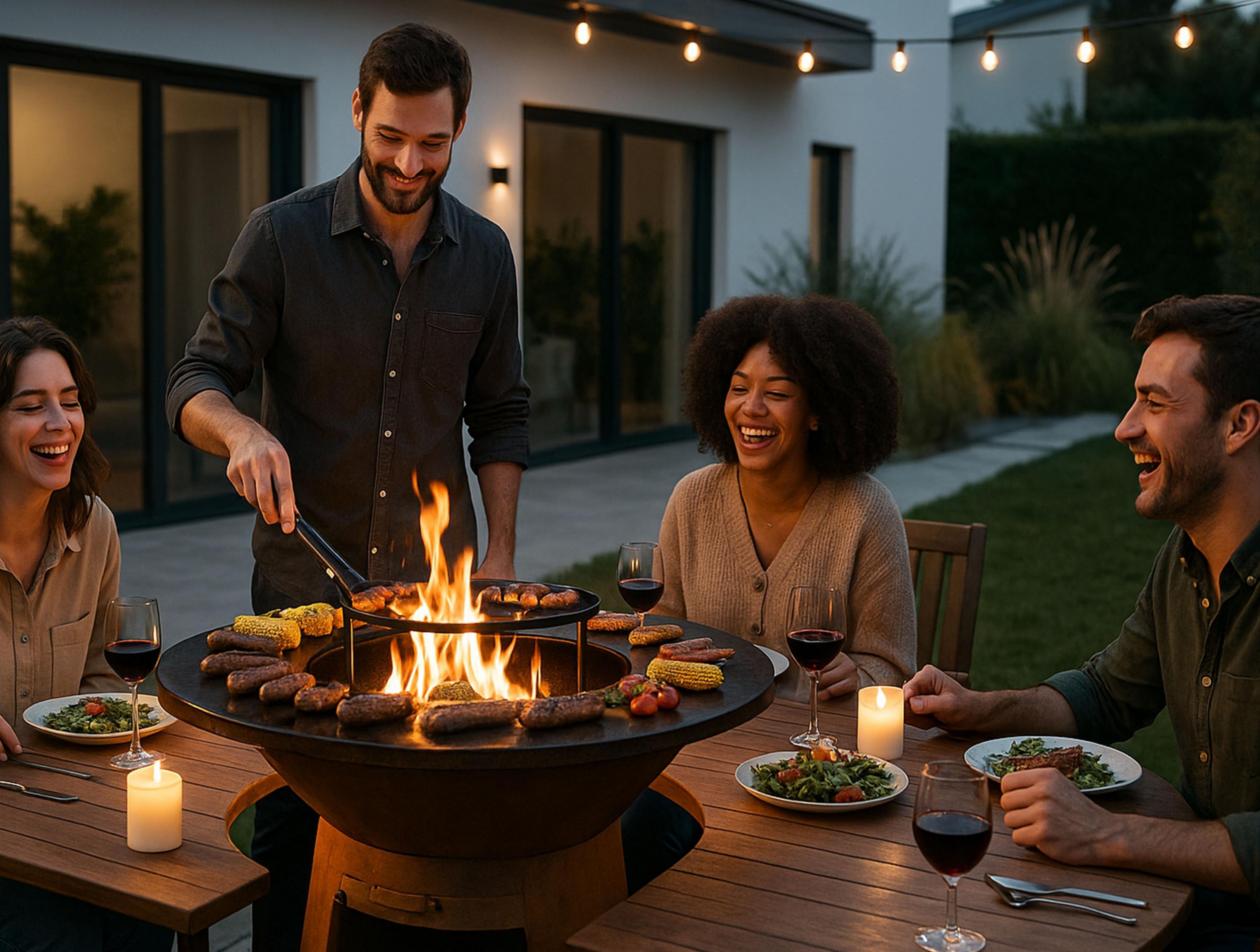 Matériau Barbecue rond avec plaque de cuisson et de gril en acier et planche en bois