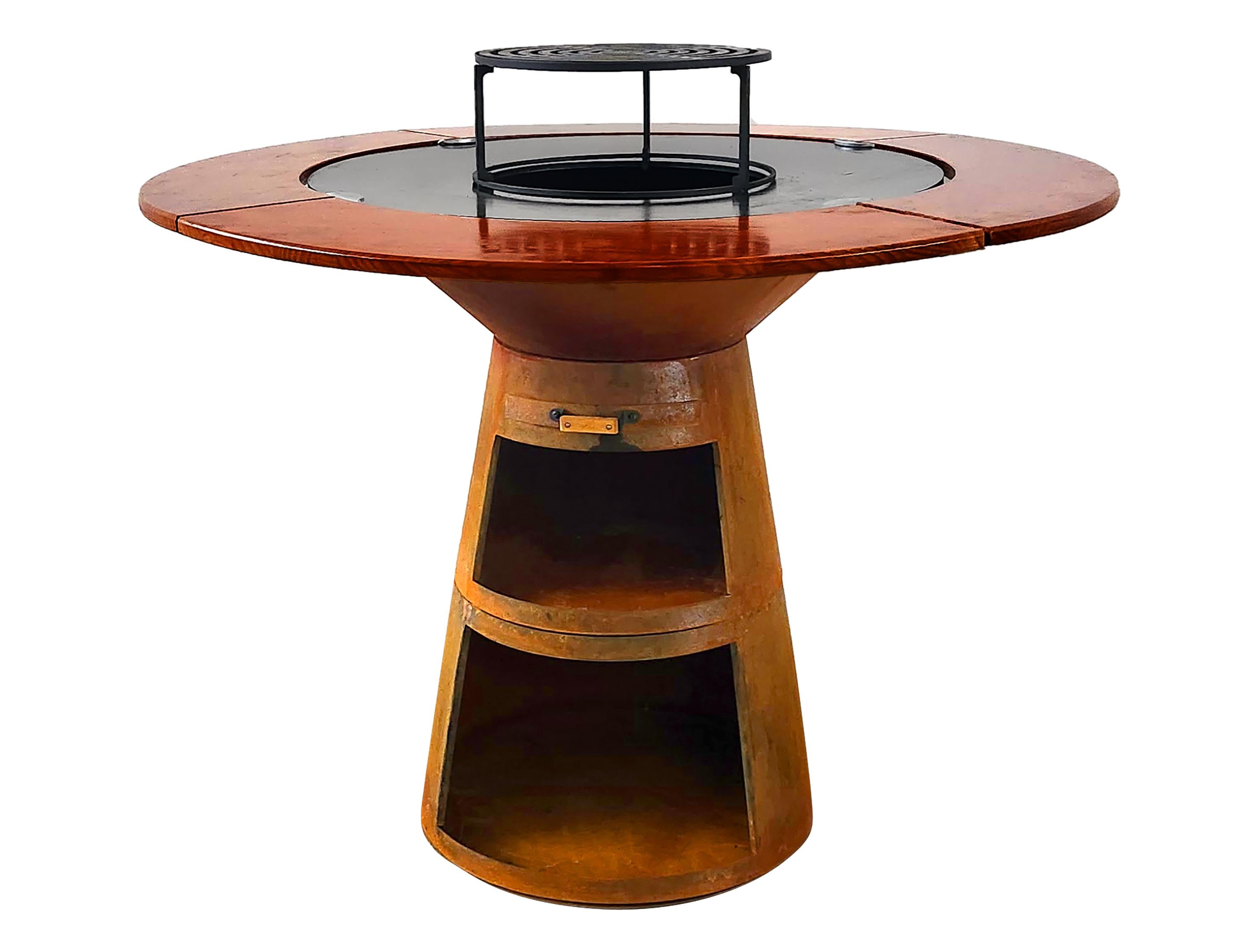 Barbecue rond avec plaque de cuisson et de gril en acier et planche en bois