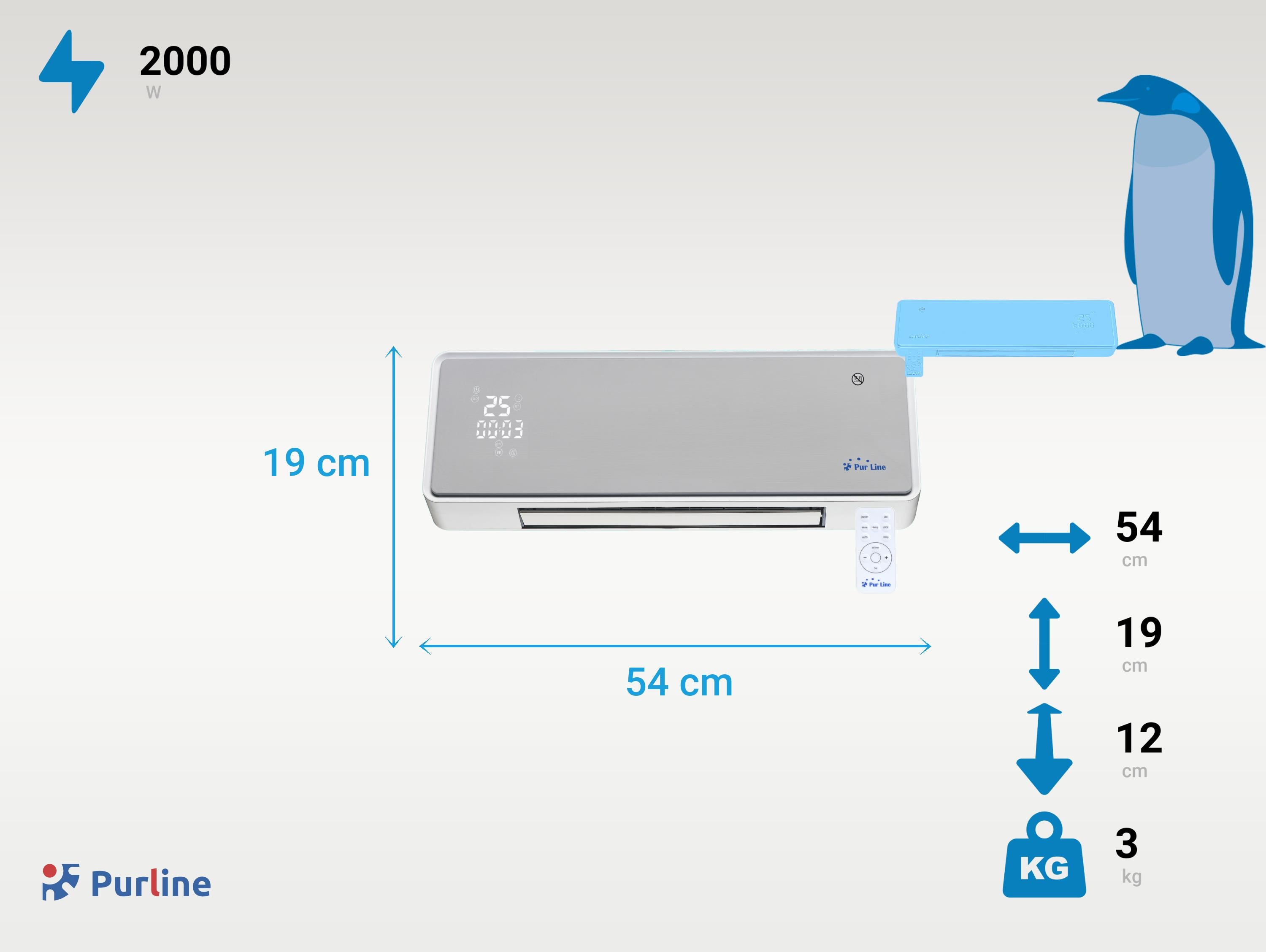 Chauffage soufflant 2000 W façade en verre argenté télécommande et minuterie