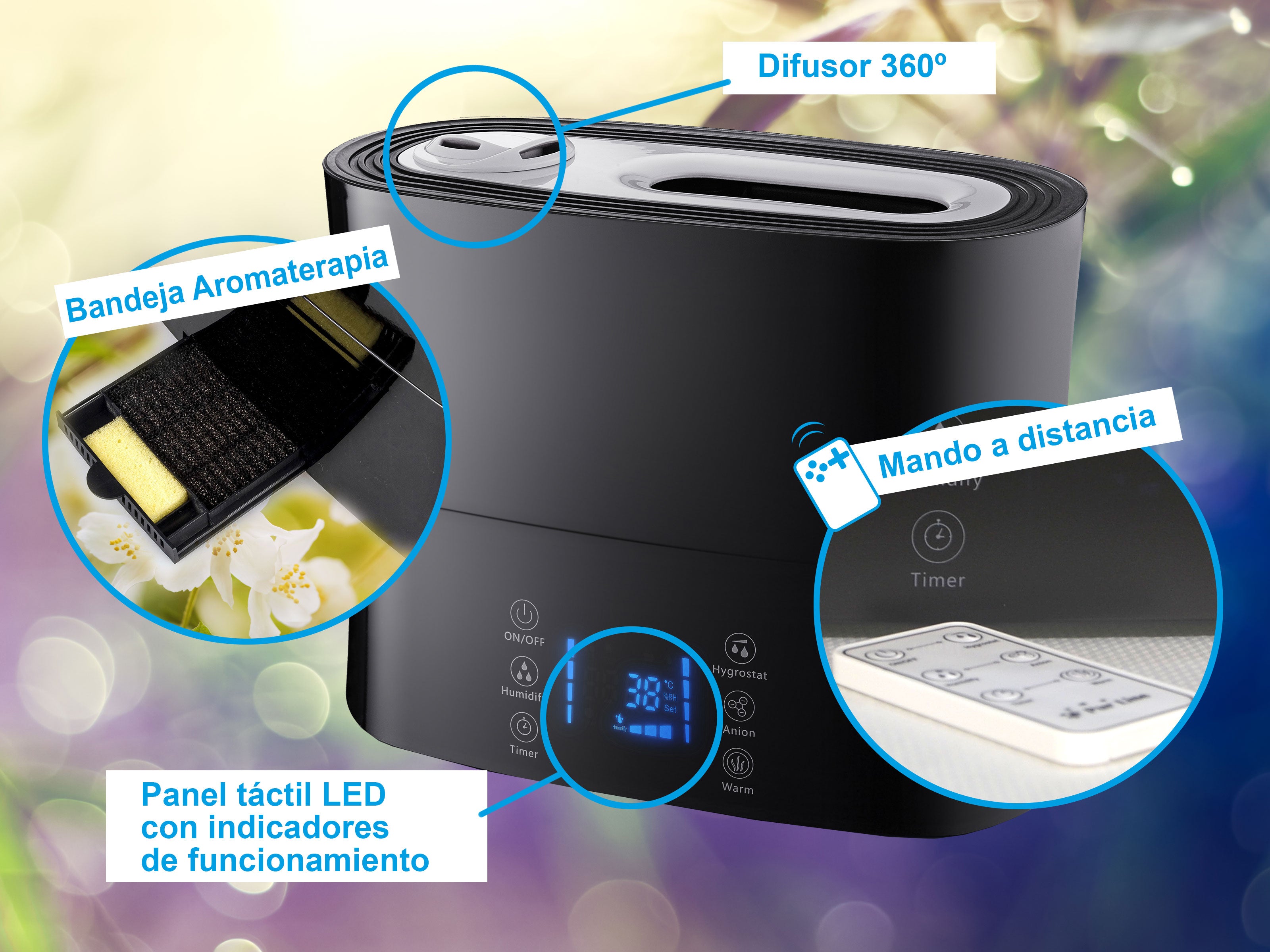 Humidificateur à ultrasons 8W à vapeur chaude ou tiède pour des surfaces de 35m2