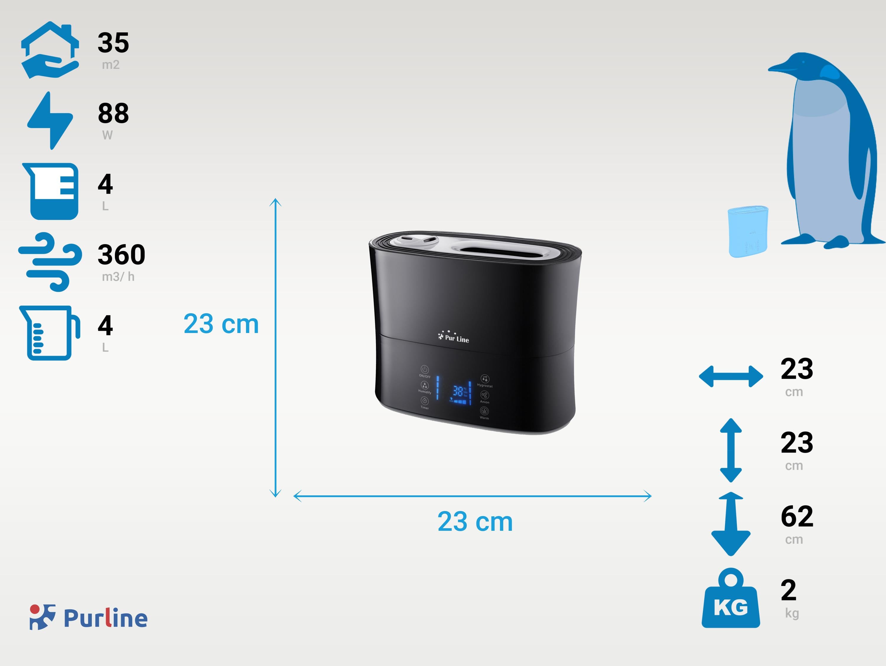 Humidificateur à ultrasons 8W à vapeur chaude ou tiède pour des surfaces de 35m2