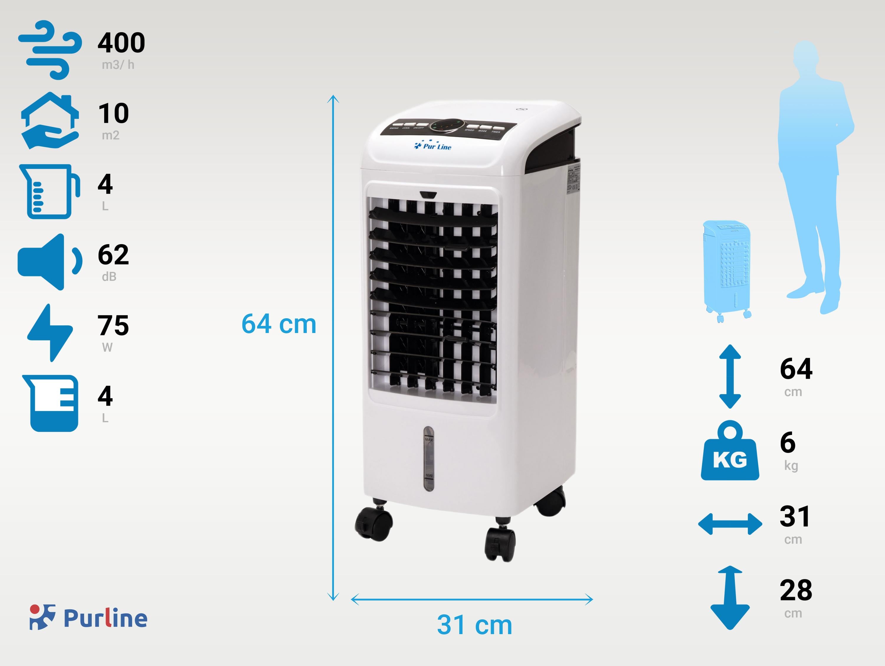 Rafraichisseur d'air par évaporation 70W 3 vitesses et 4 L