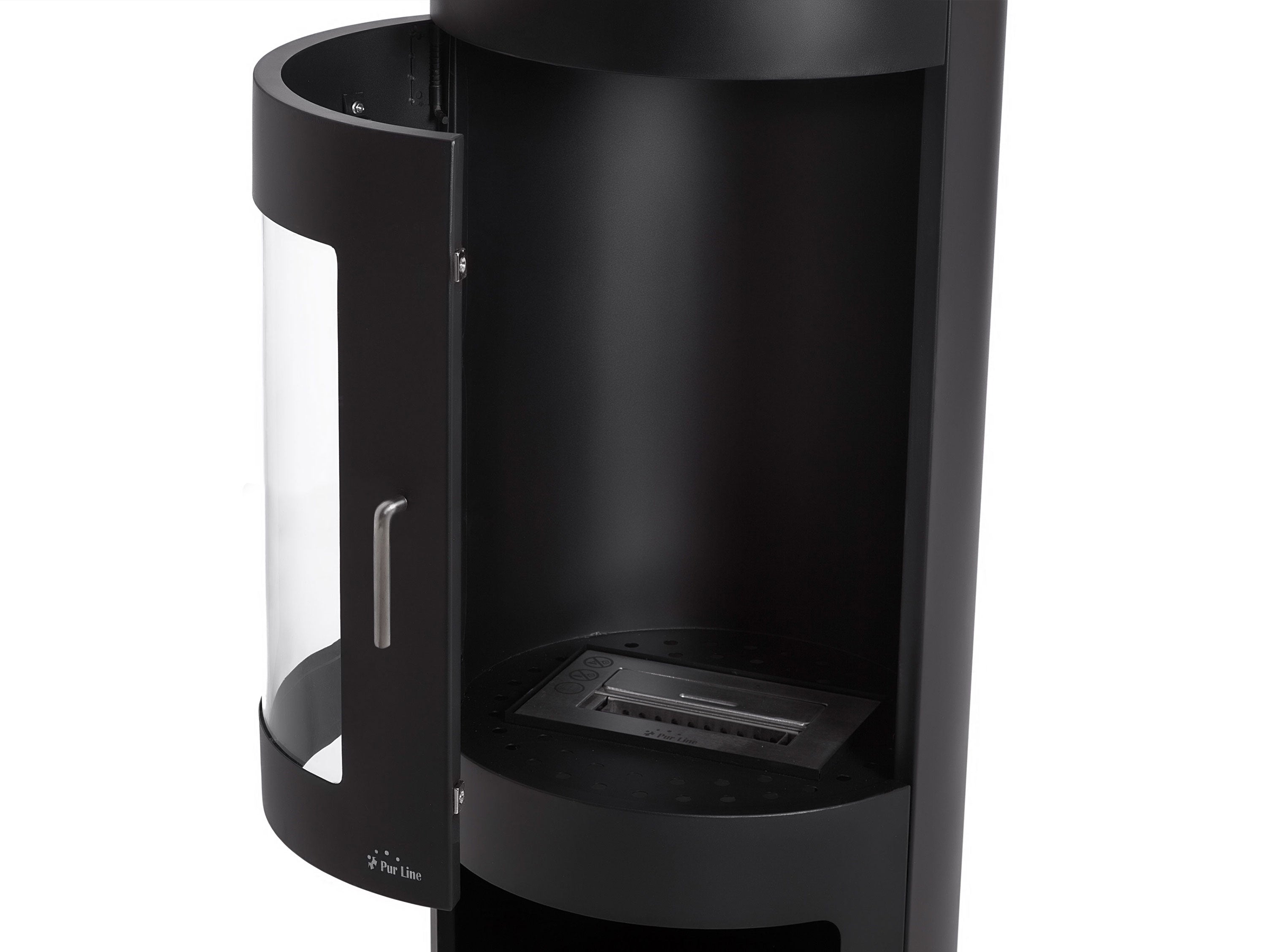 Poêle à éthanol 3kW en acier noir avec façade en verre trempé