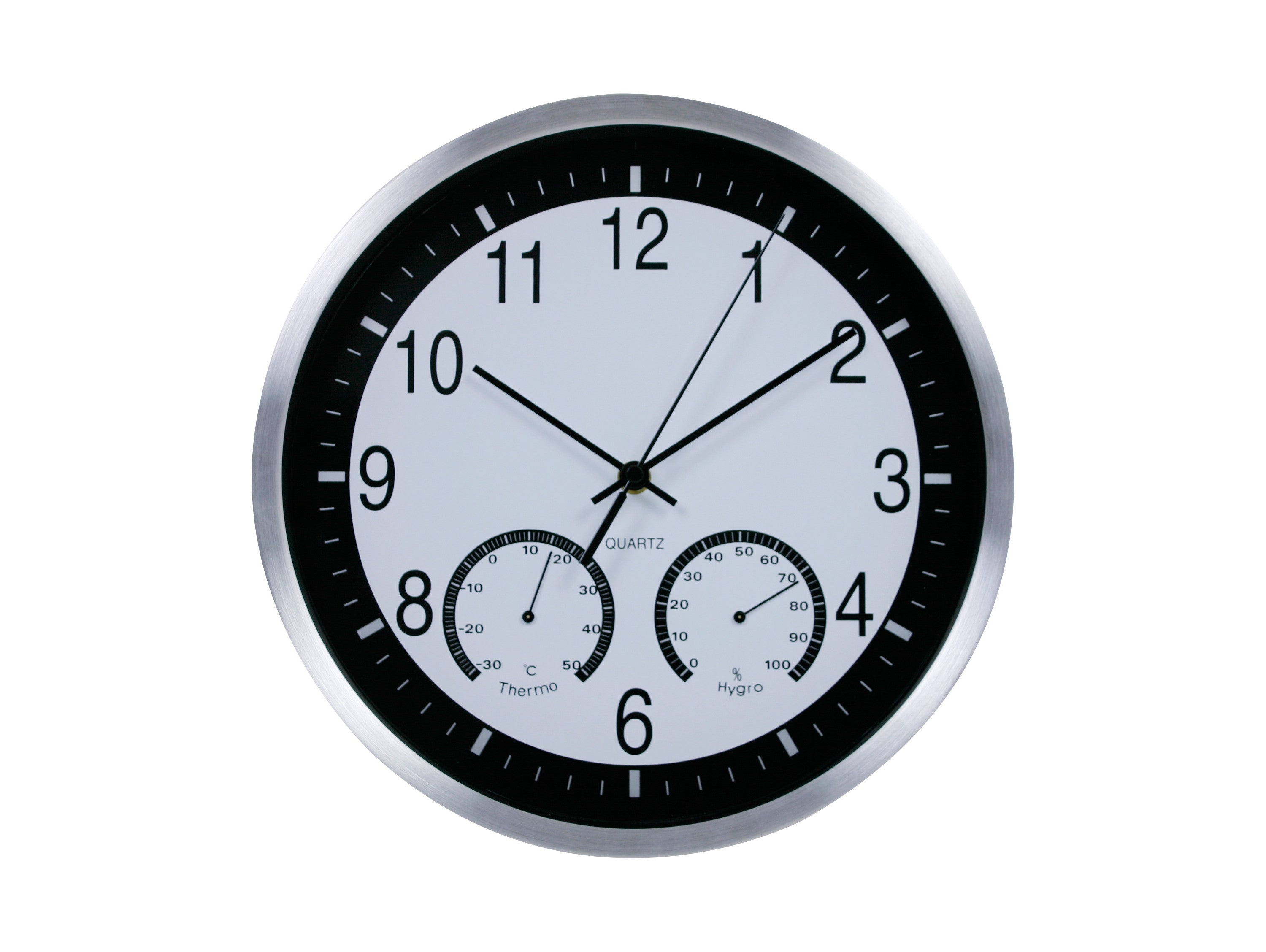 Horloge murale analogique avec meseur de la température et de l'humidité en noir et blanc