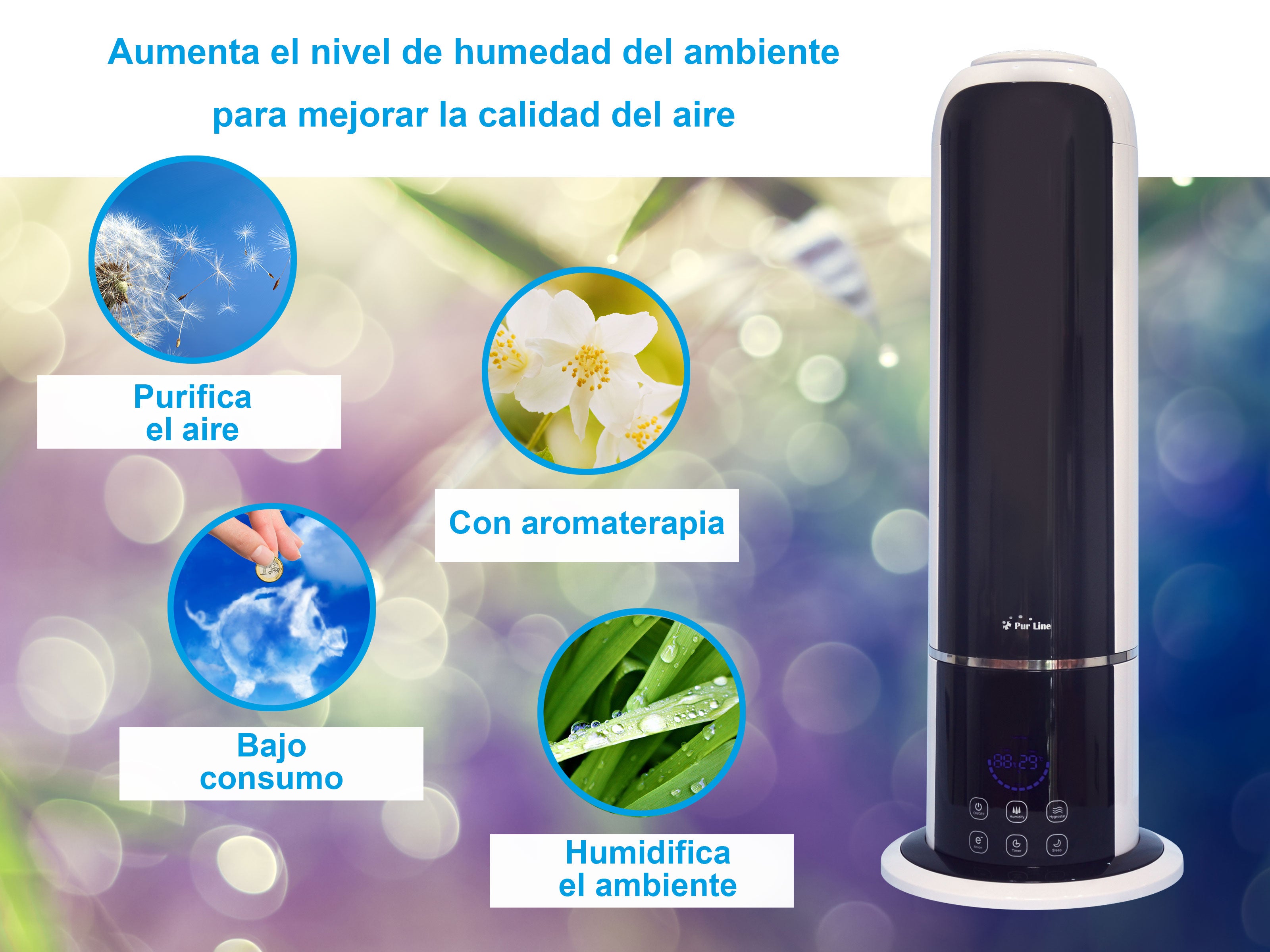 Humidificateur en tour à ultrasons 28W vapeur chaude ou tiède pour des surfaces de 35m2