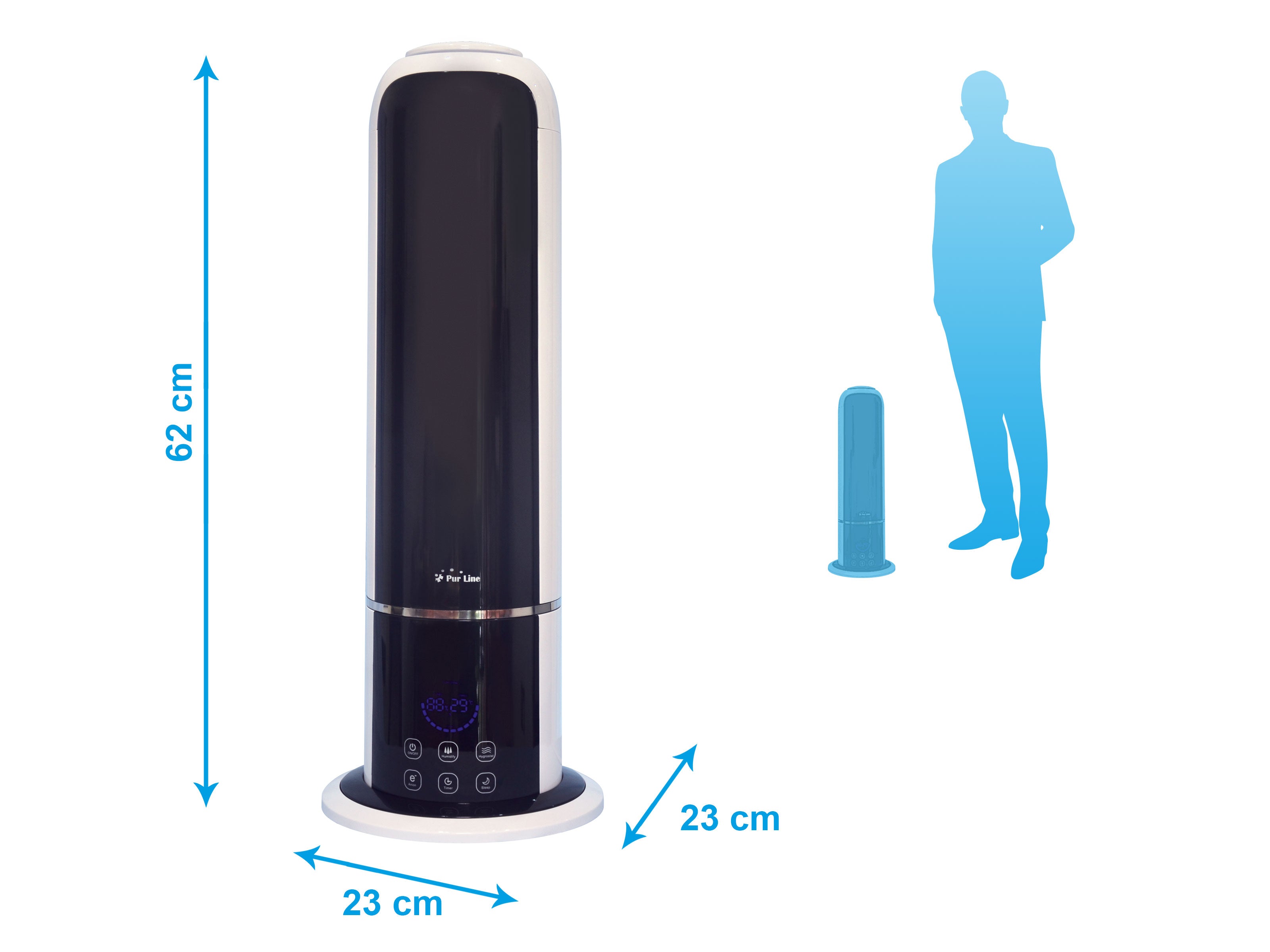 Humidificateur en tour à ultrasons 28W vapeur chaude ou tiède pour des surfaces de 35m2