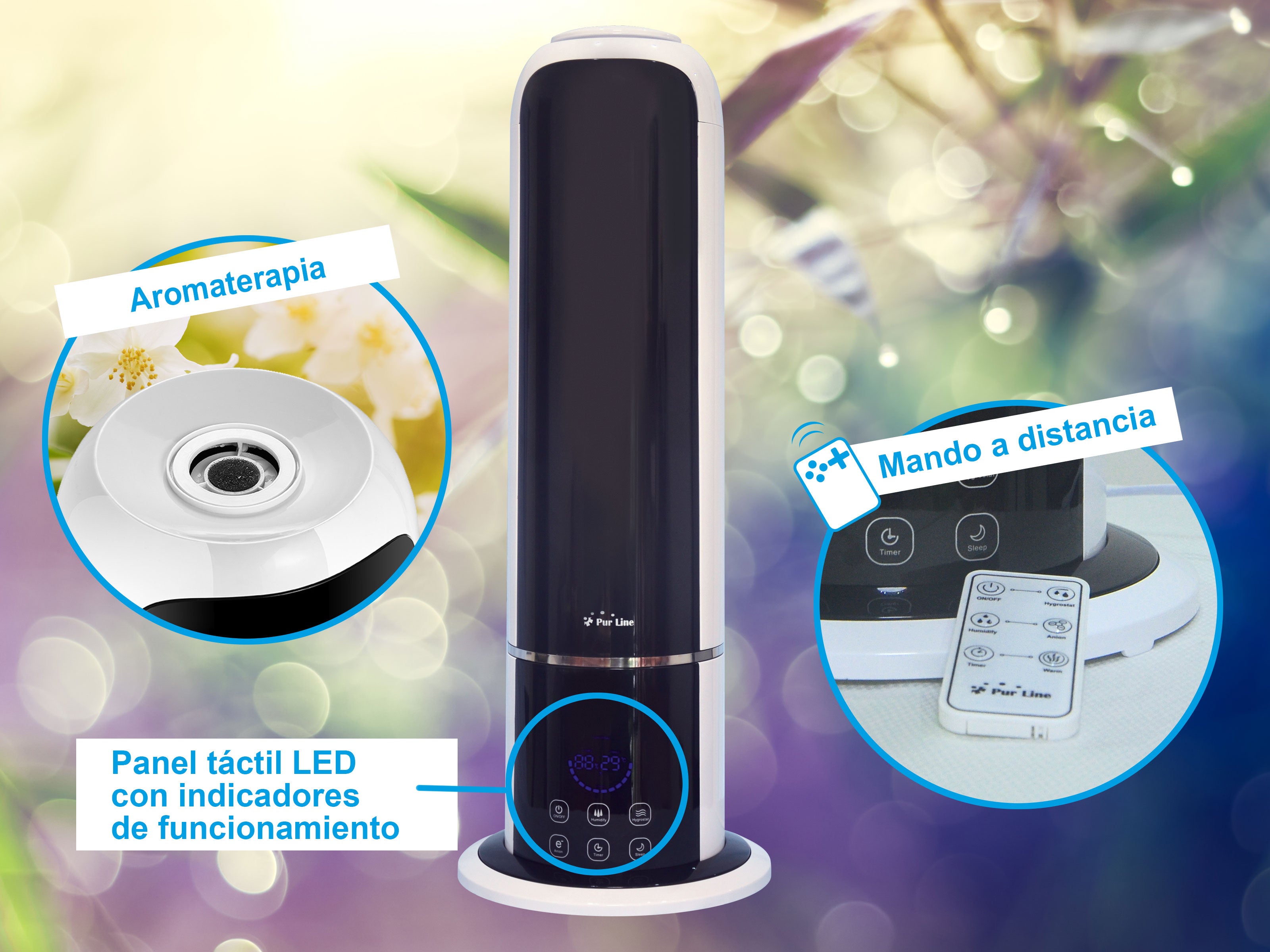 Humidificateur en tour à ultrasons 28W vapeur chaude ou tiède pour des surfaces de 35m2