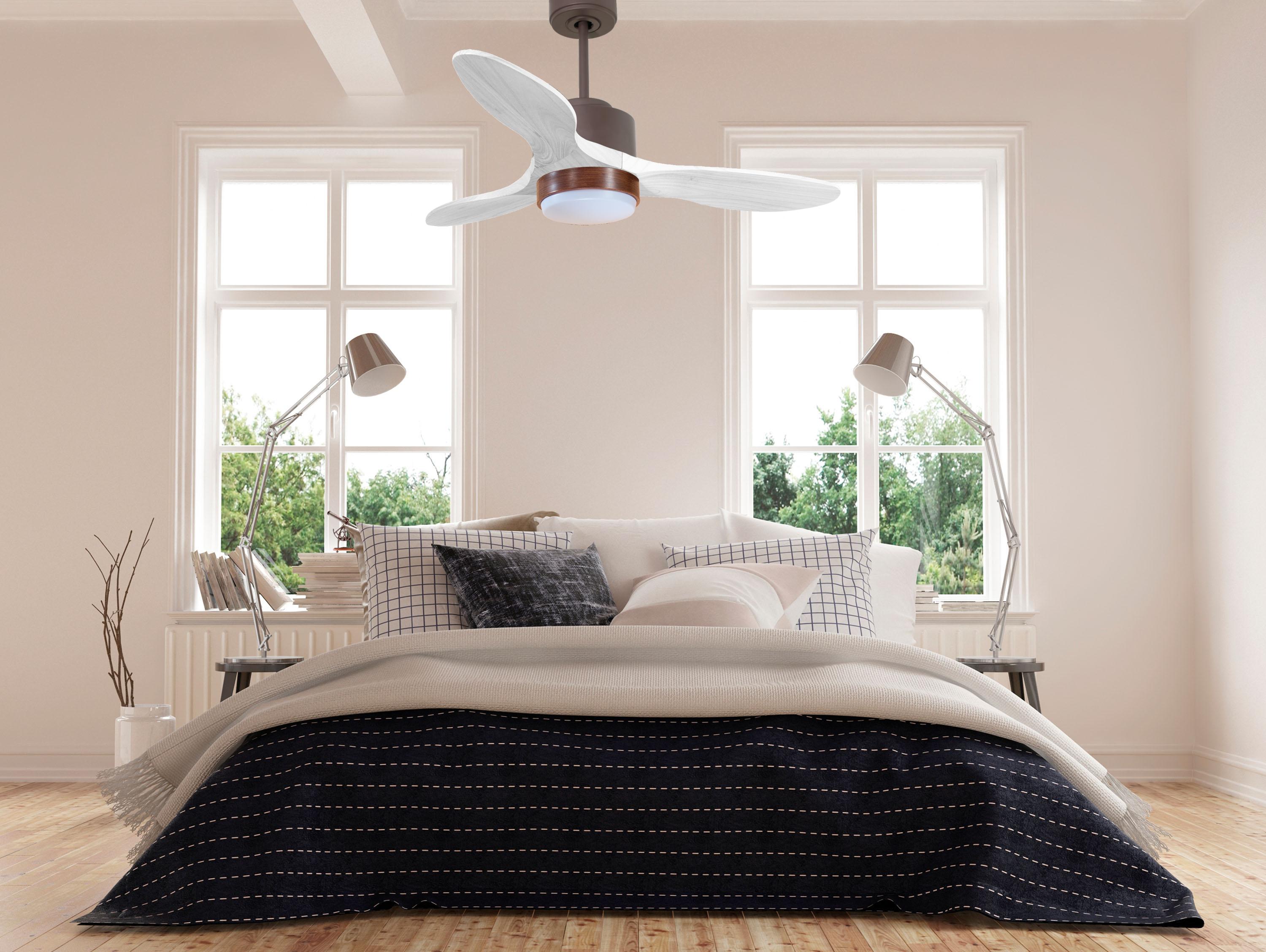 Ventilateur de plafond Réversible Thermostat Dimmable Wifi Moteur à courant continu Toits en pente Télécommande Lumière à trois tons Hypersilence Mémoire