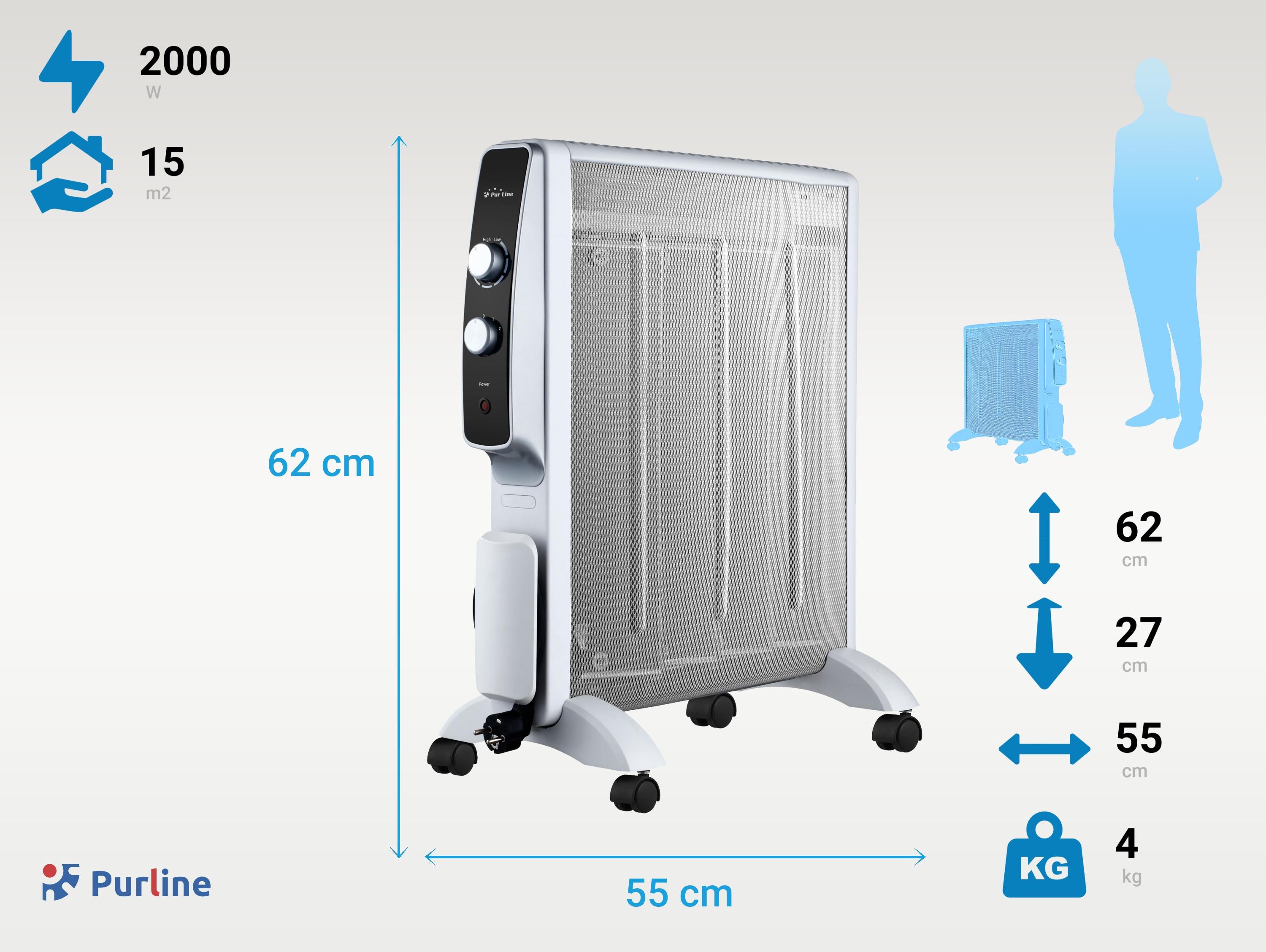 Radiateur électrique 2000 W design noir avec roues et thermostat