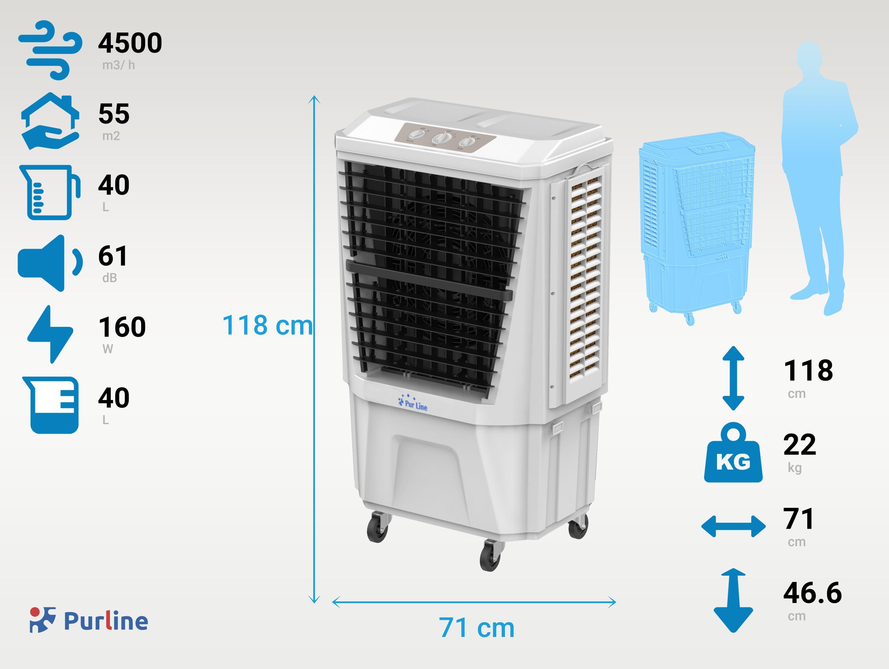 Rafraichisseur d'air par évaporation à débit élevé minuterie et 3 vitesses