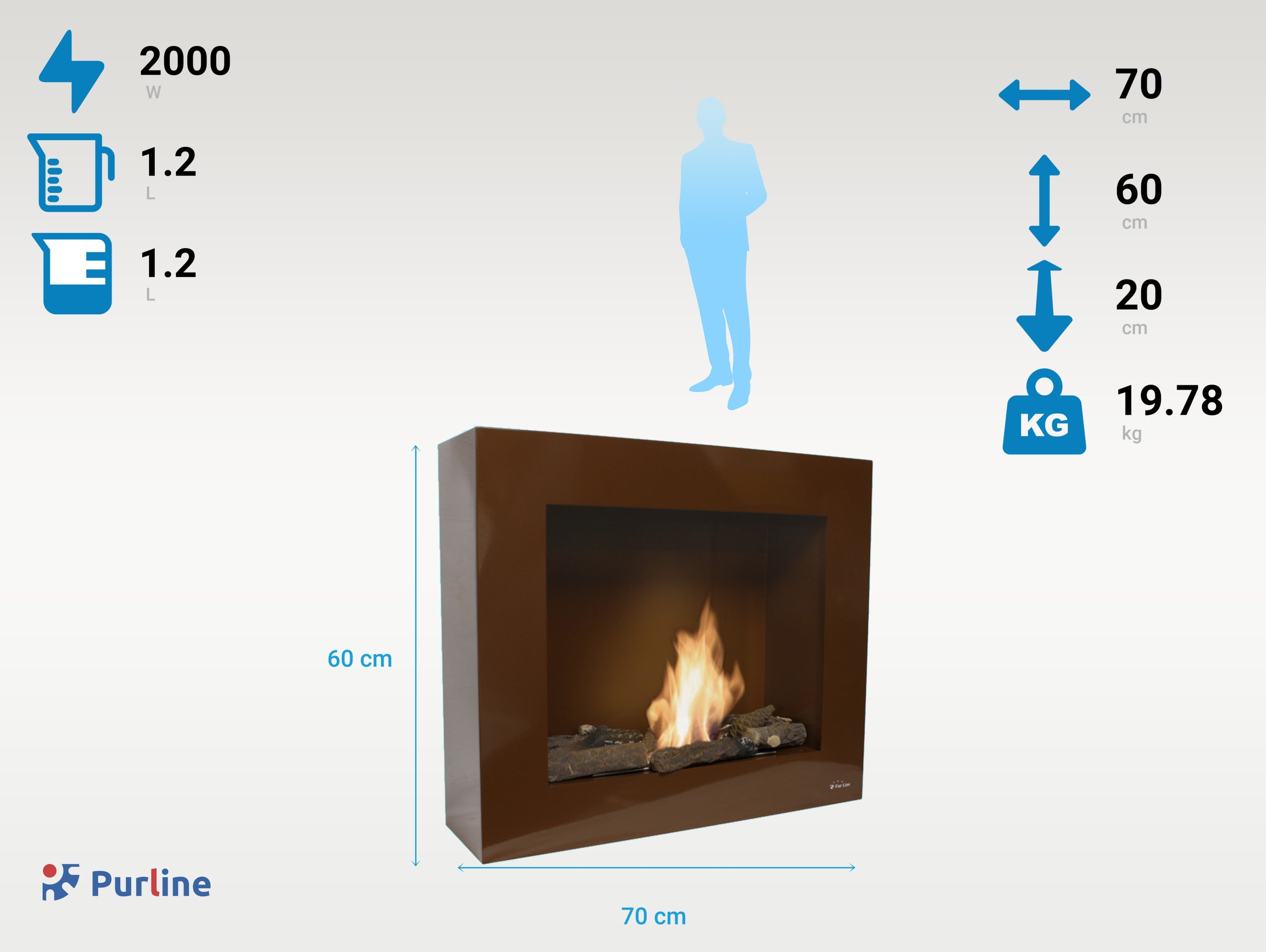 Cheminée à l'éthanol avec sol ou mur ocre clair avec kit entonnoir et bûche