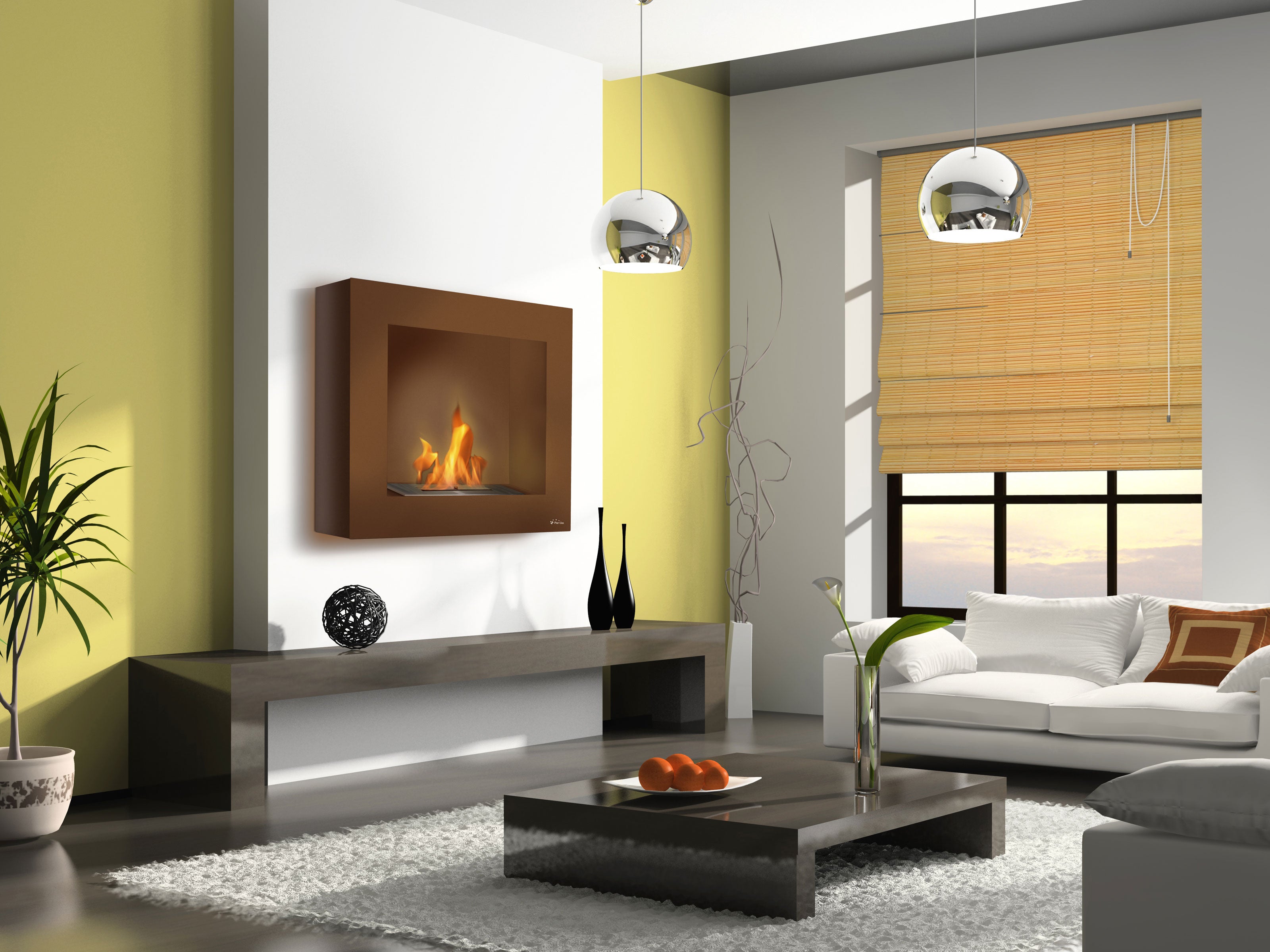 Cheminée à l'éthanol avec sol ou mur ocre clair avec kit entonnoir et bûche