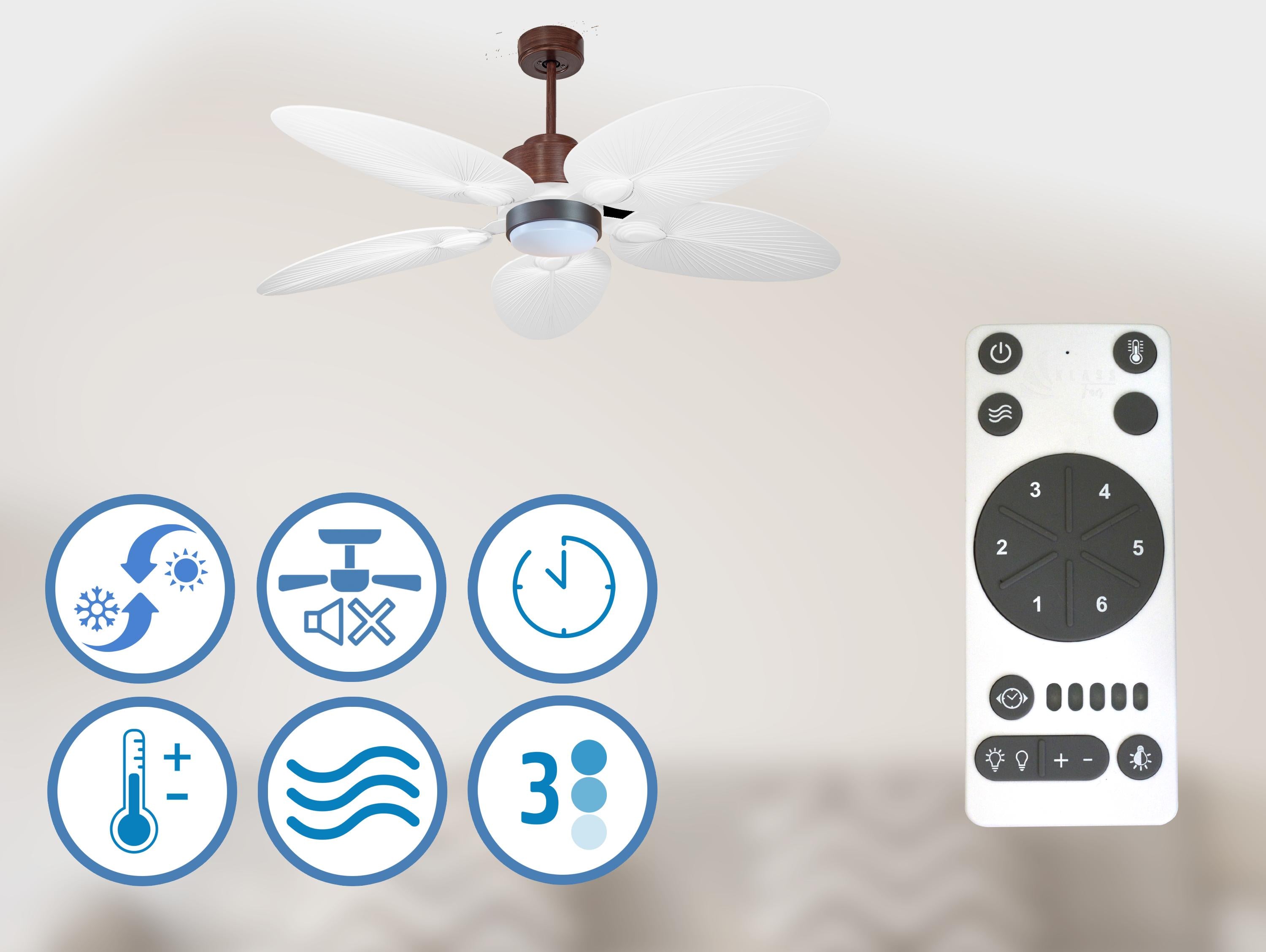 Ventilateur de plafond Réversible  Thermostat Dimmable Wifi Moteur à courant continu Toits en pente Télécommande Lumière à trois tons Hypersilence Mémoire