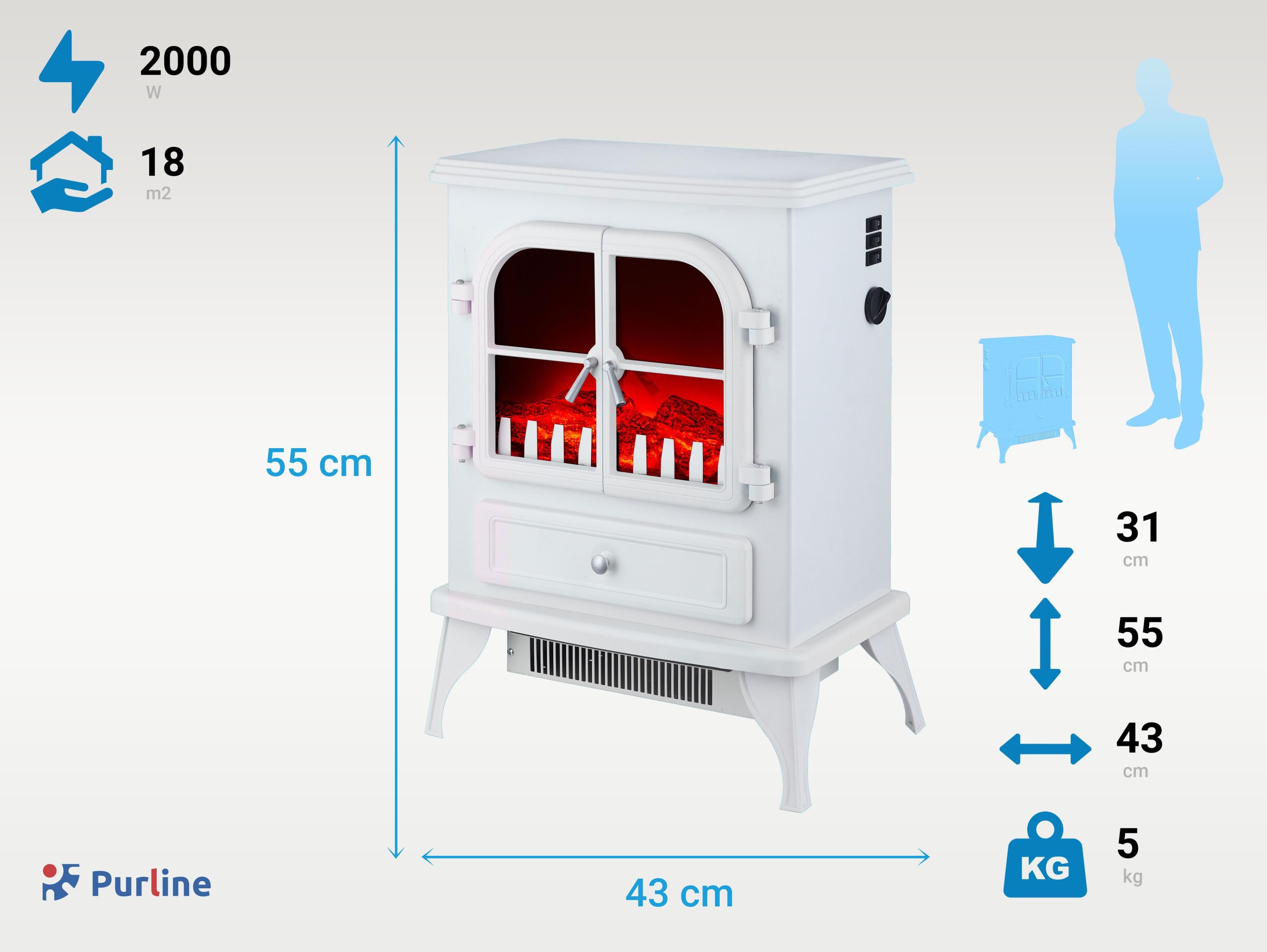 Cheminée électrique au sol, 2000W, style rétro avec pieds, acier laqué blanc, avec pieds