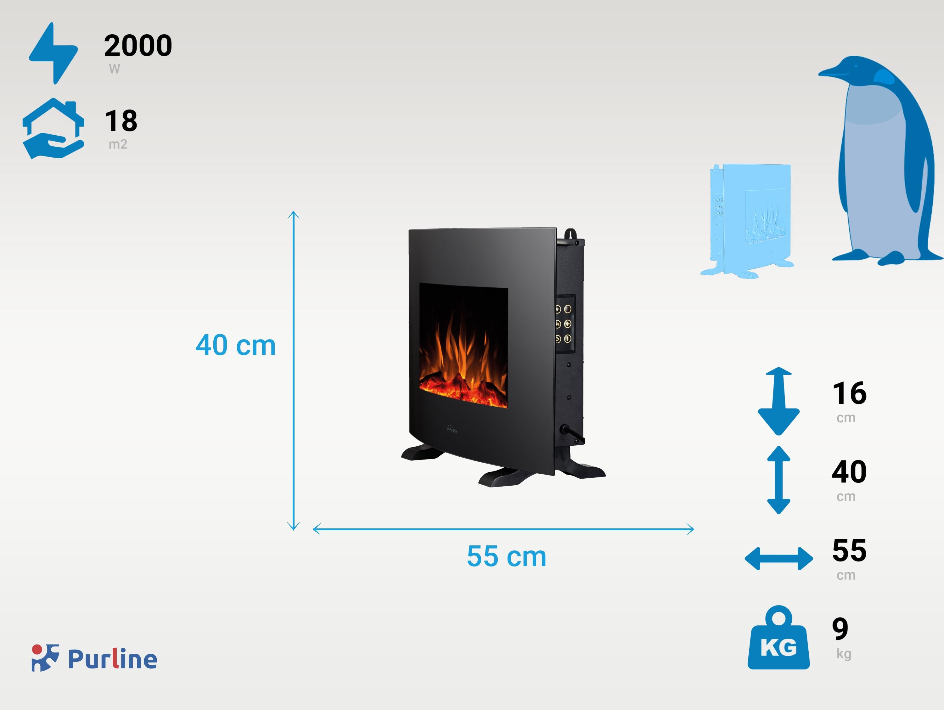 Cheminée électrique 2000W en verre trempé noir et pieds