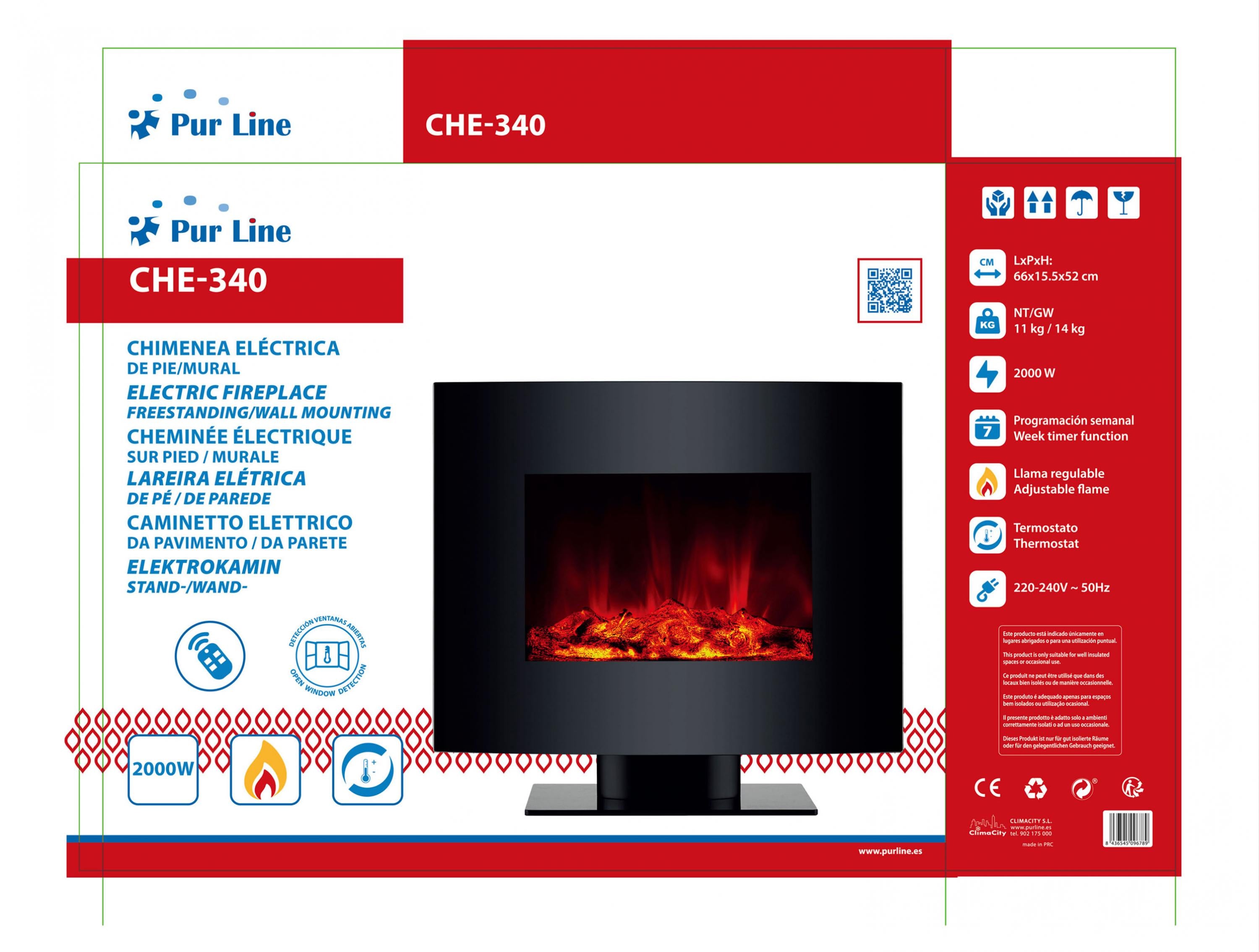 Cheminée électrique 2kW verre trempé noir avec télécommande