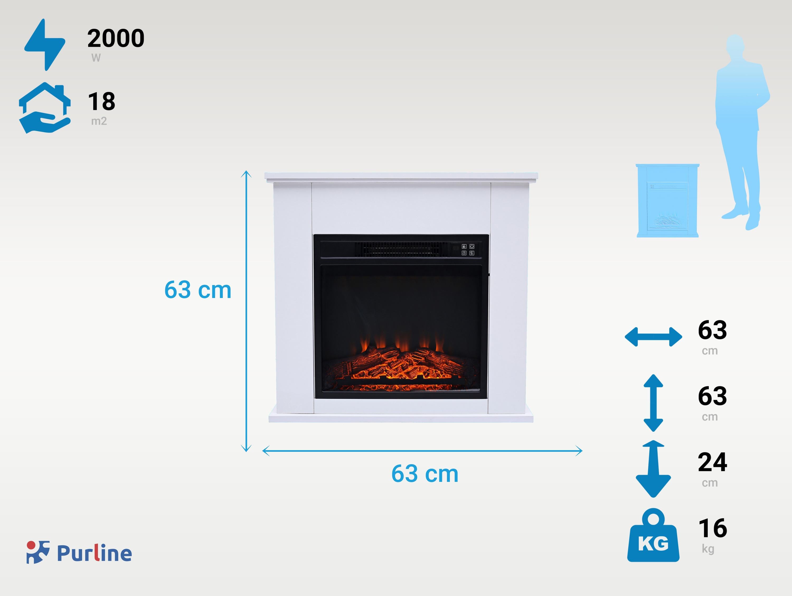 Cheminée électrique murale 2kW en acier laqué blanc avec télécommande