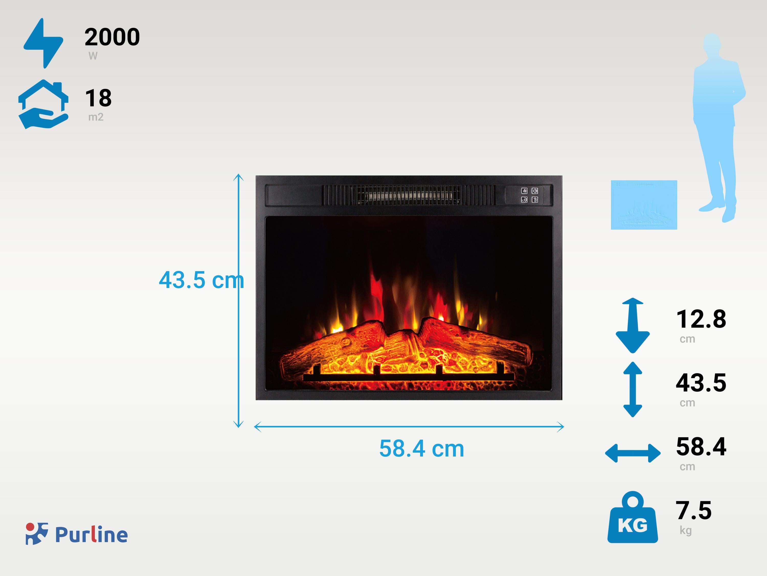 Cheminée électrique 2000W en verre trempé noir avec télécommande