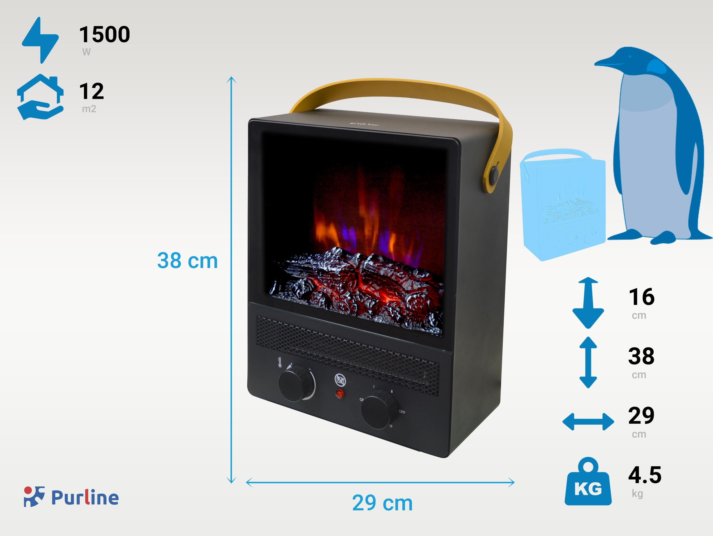 Cheminée électrique portable en acier noir et pieds