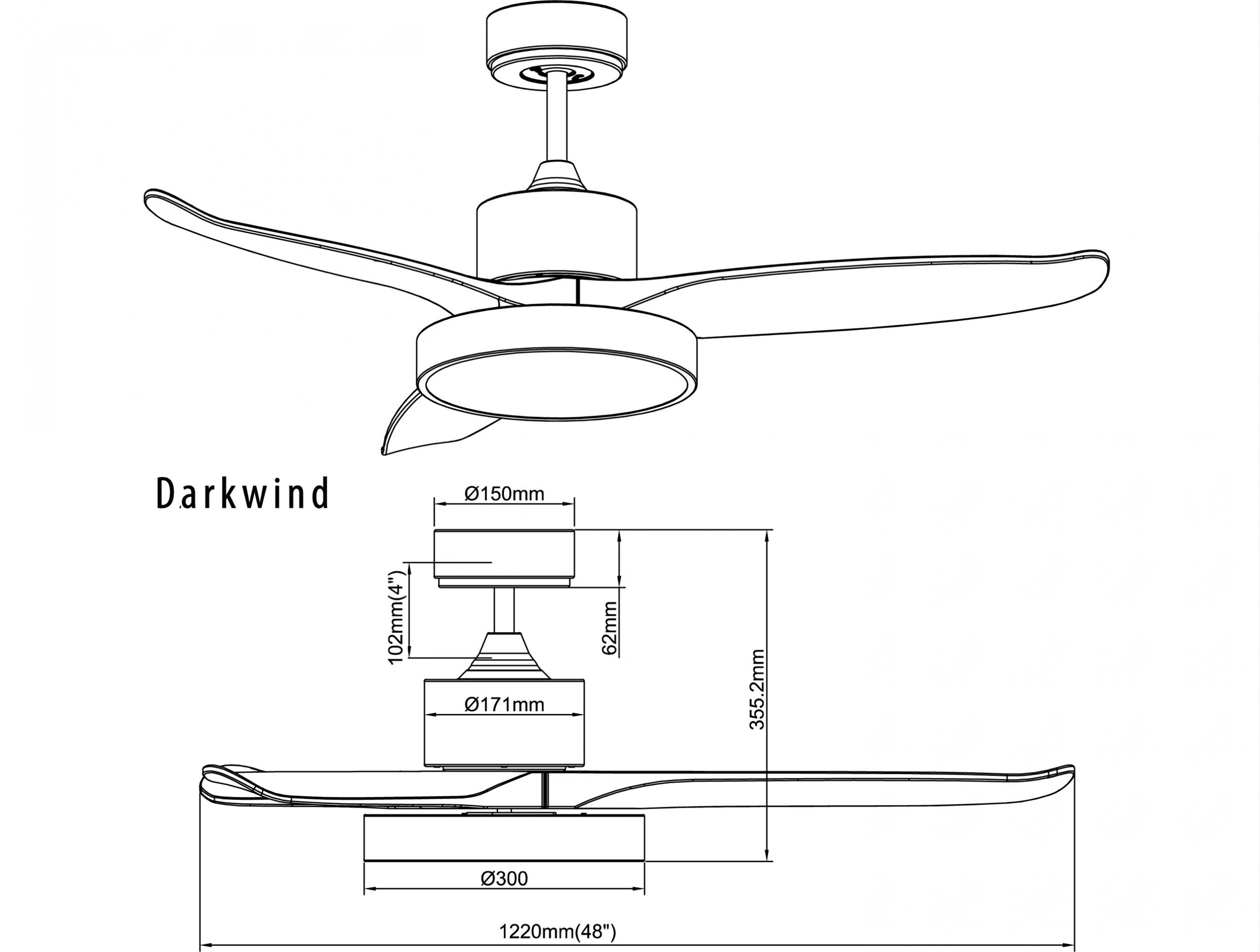 Surface utilisable 25 m2 Ventilateur de plafond ø122 cm avec LED et Wifi Réversible Hypersilence