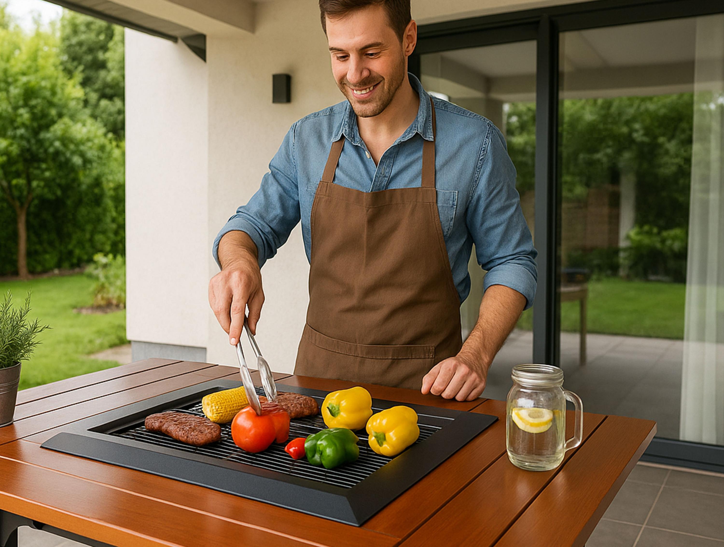 Surface de cuisson 38 cm Table de barbecue avec gril et plateau en bois