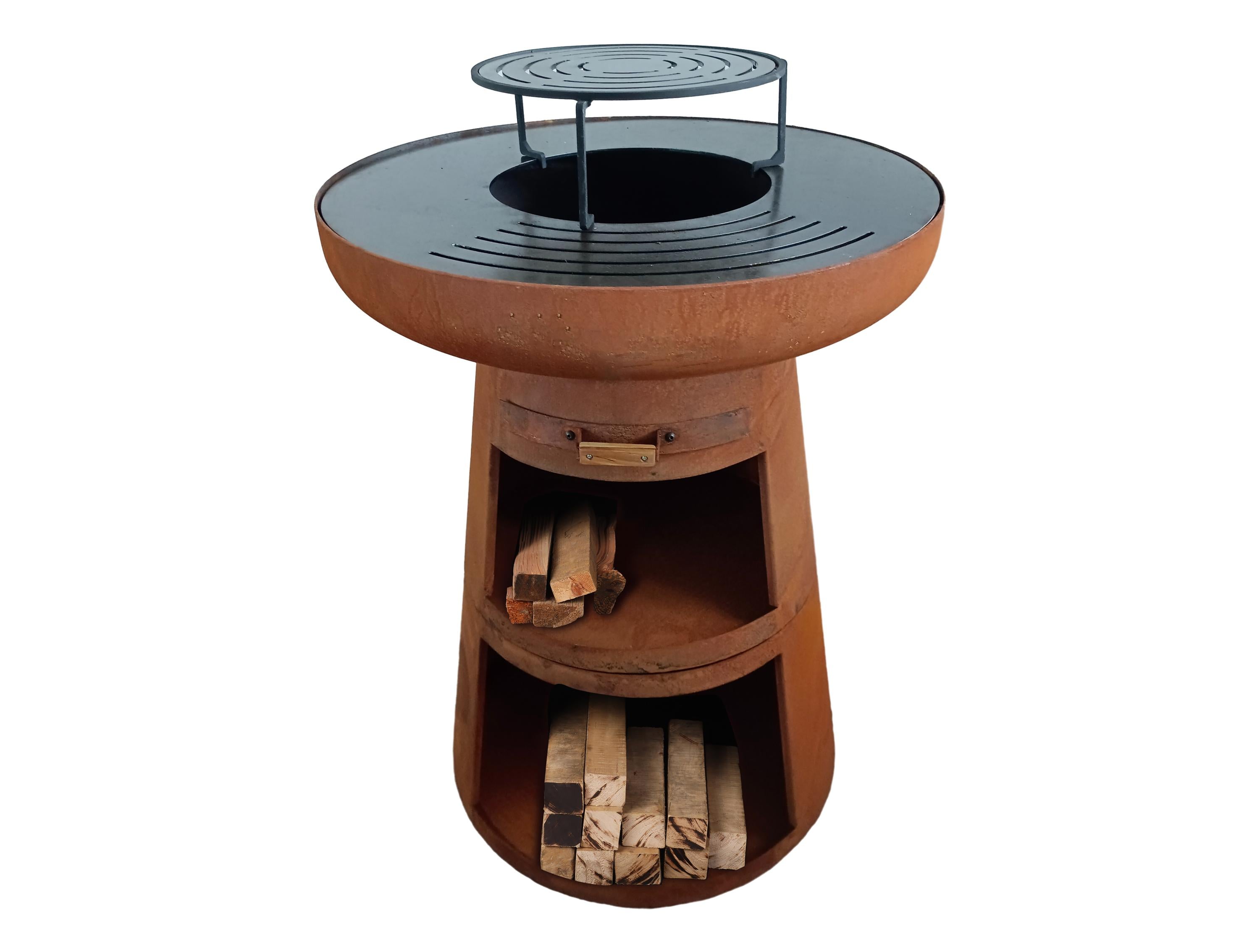 Barbecue rond avec plaque ronde en acier et grille en acier corten