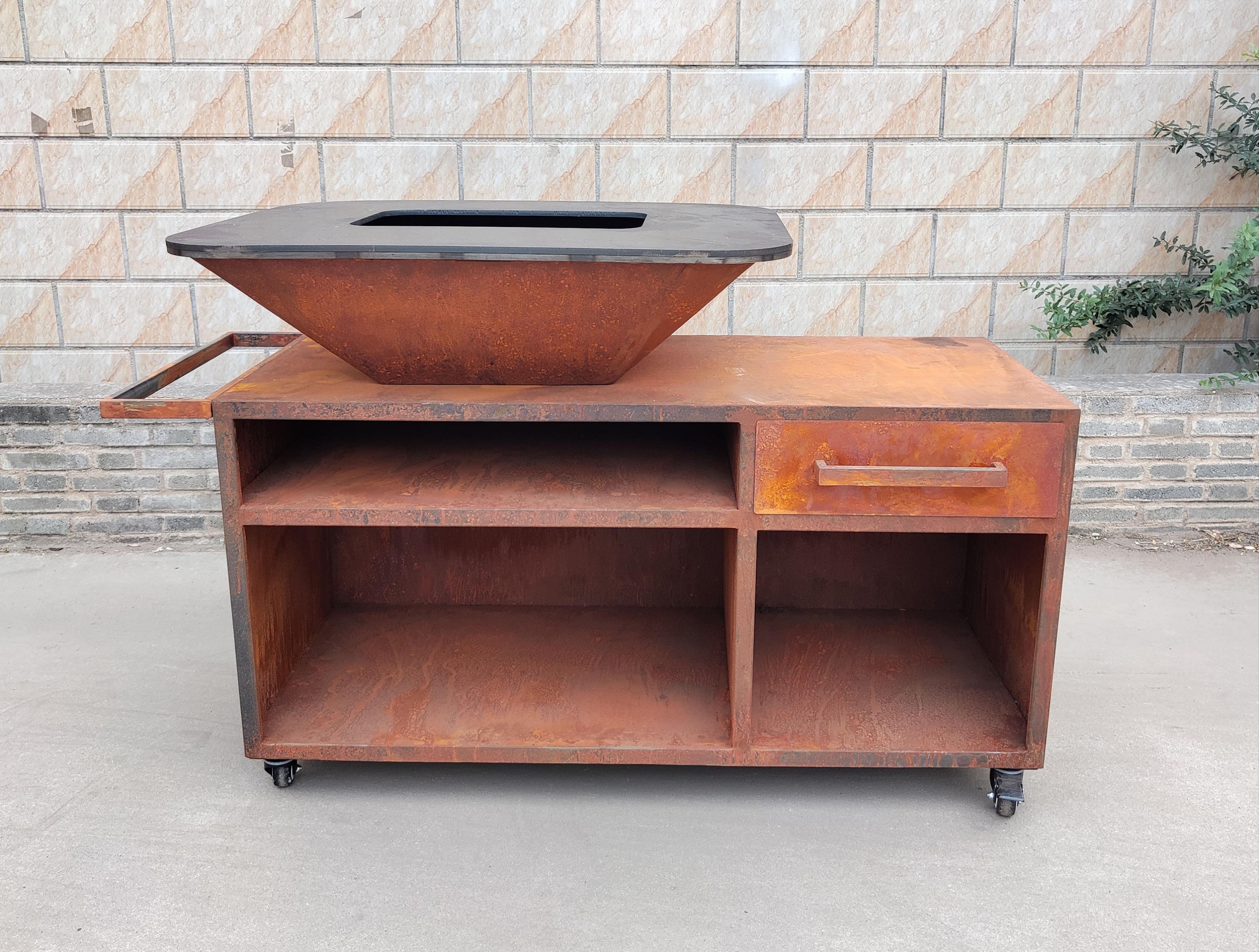 Surface de cuisson 100 cm Grand barbecue avec armoire en acier corten avec plaque de cuisson et gril en acier