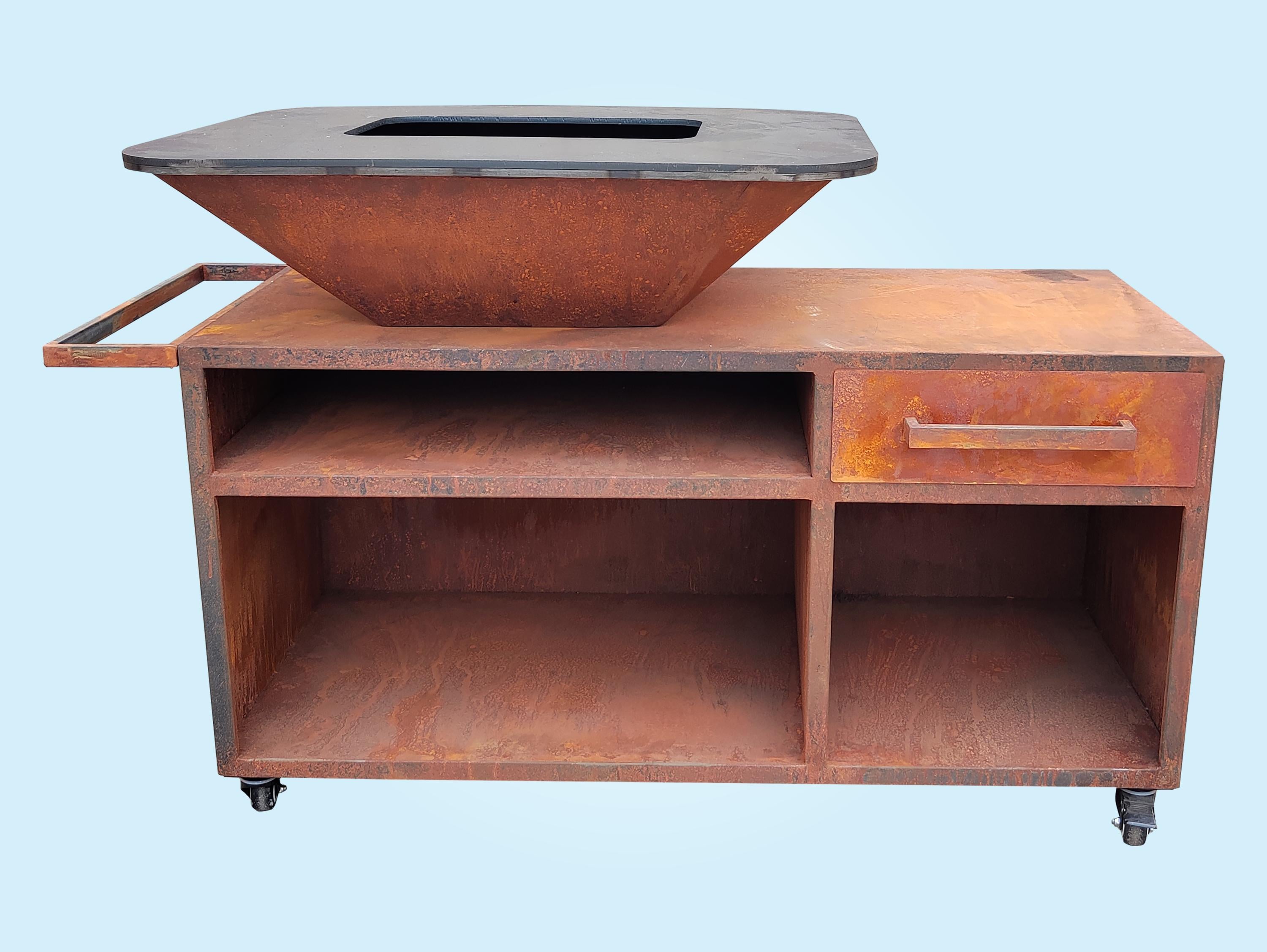 Grand barbecue avec armoire en acier corten avec plaque de cuisson et gril en acier