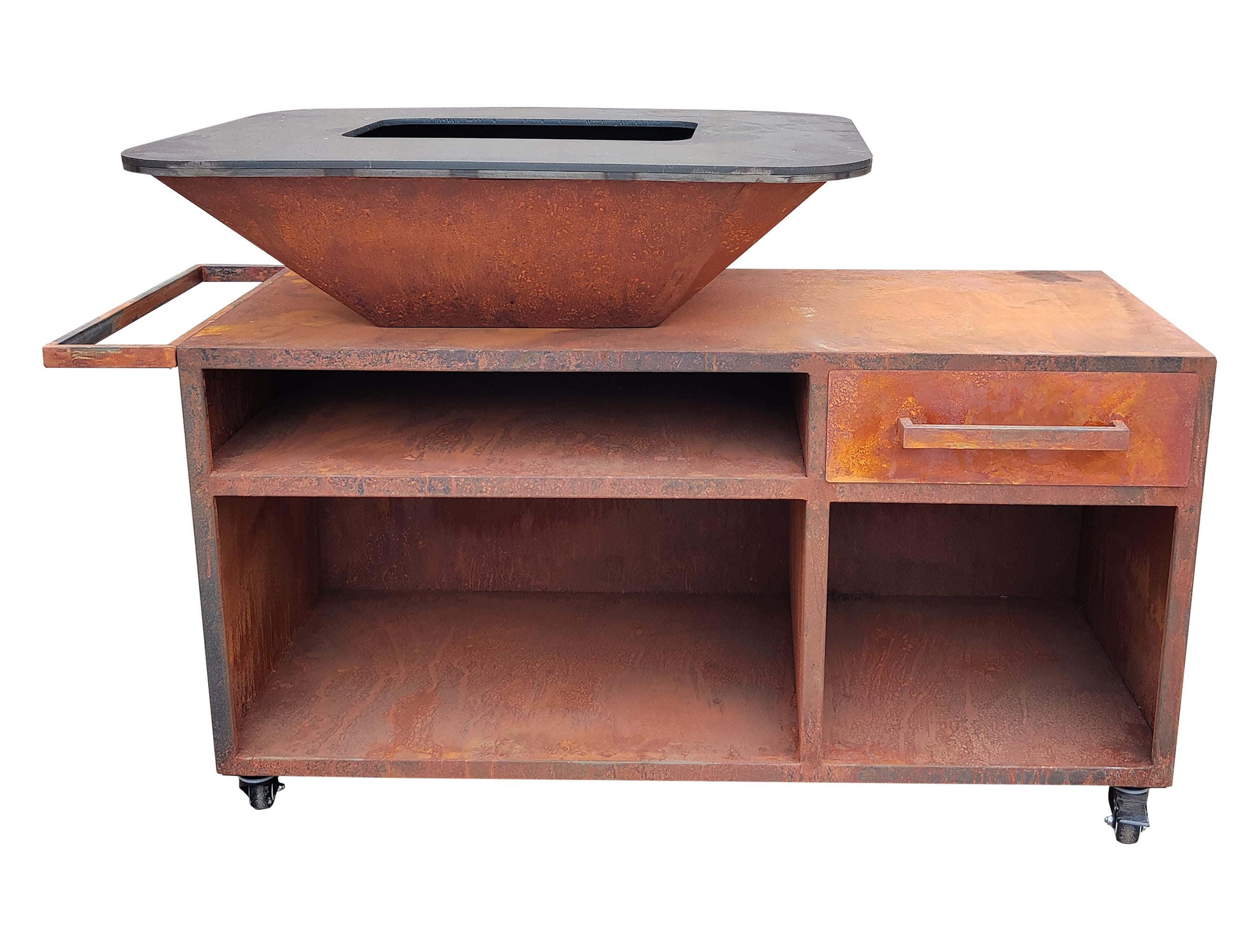 Grand barbecue avec armoire en acier corten avec plaque de cuisson et gril en acier