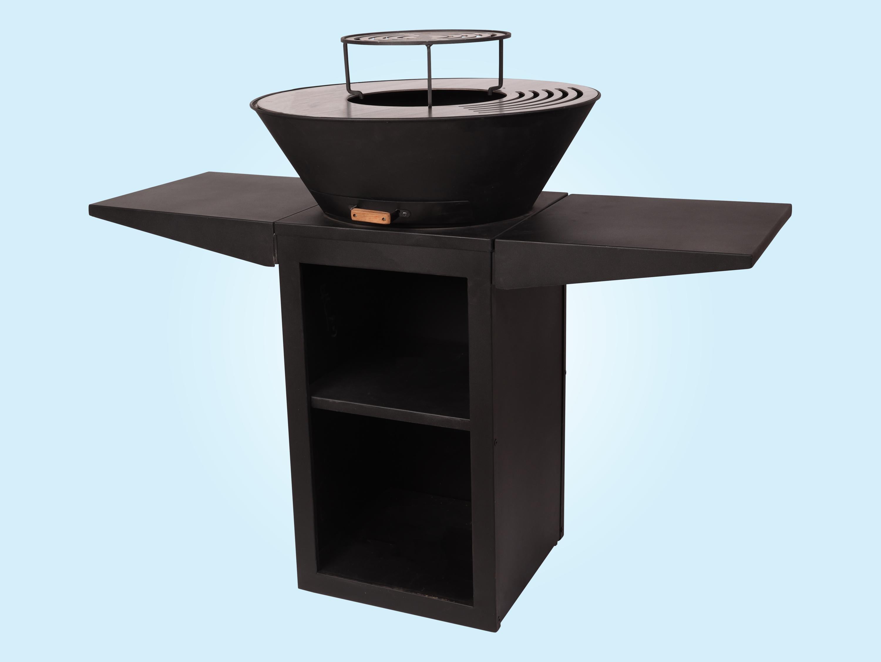 Barbecue avec plaque ronde, grill et support en acier noir