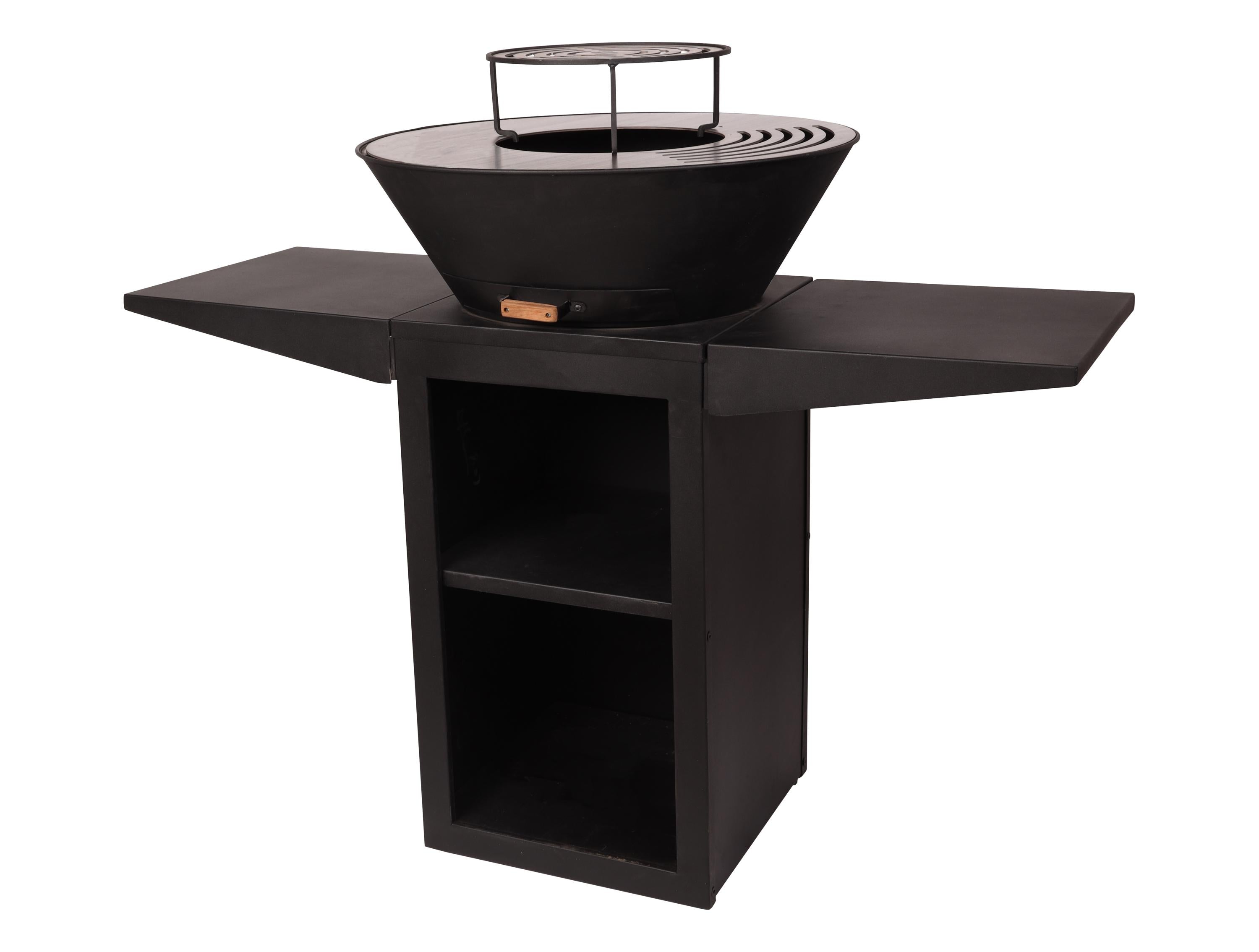 Barbecue avec plaque ronde, grill et support en acier noir