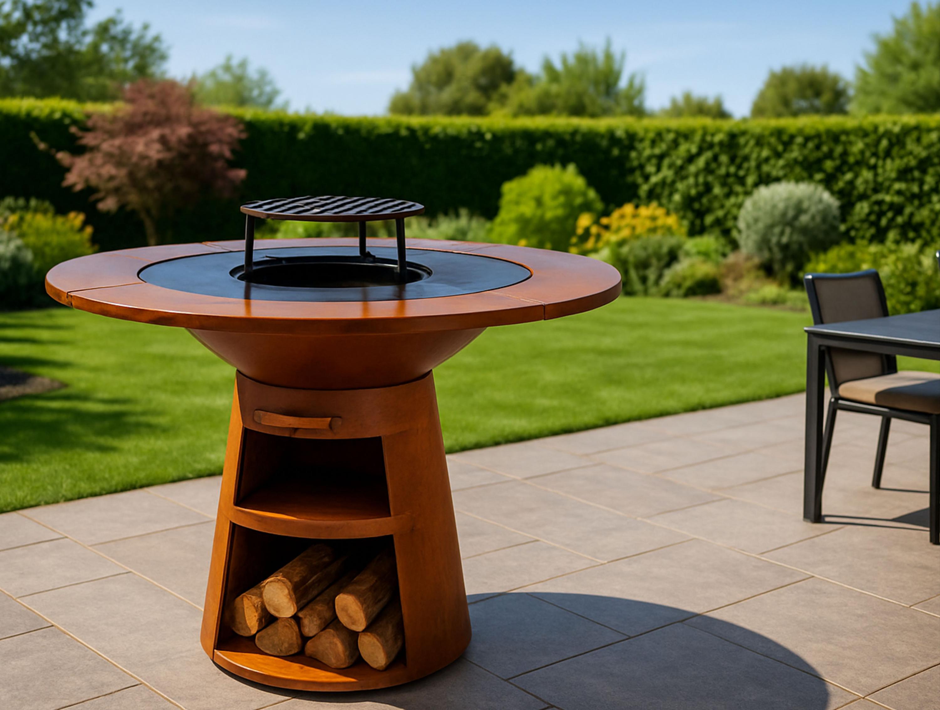 Barbecue rond avec plaque de cuisson et de gril en acier et planche en bois