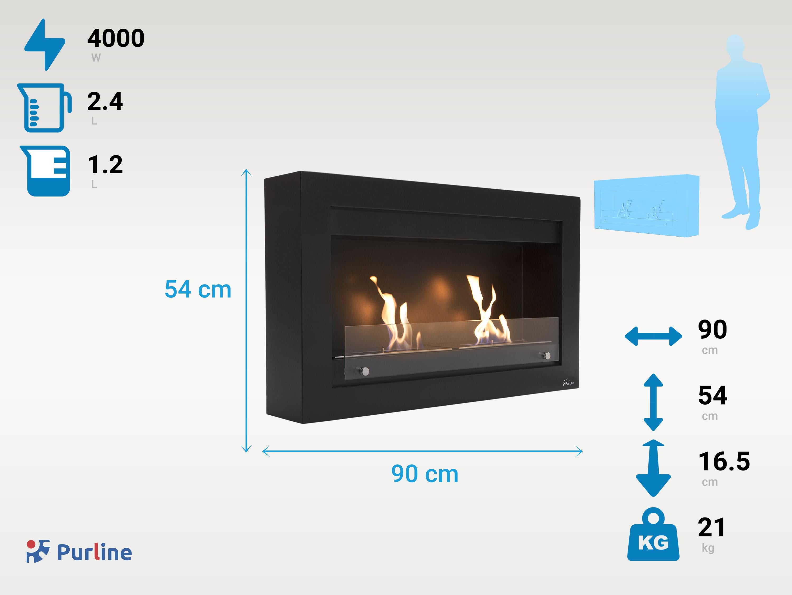 Large cheminée à l'éthanol en acier noir et double flamme