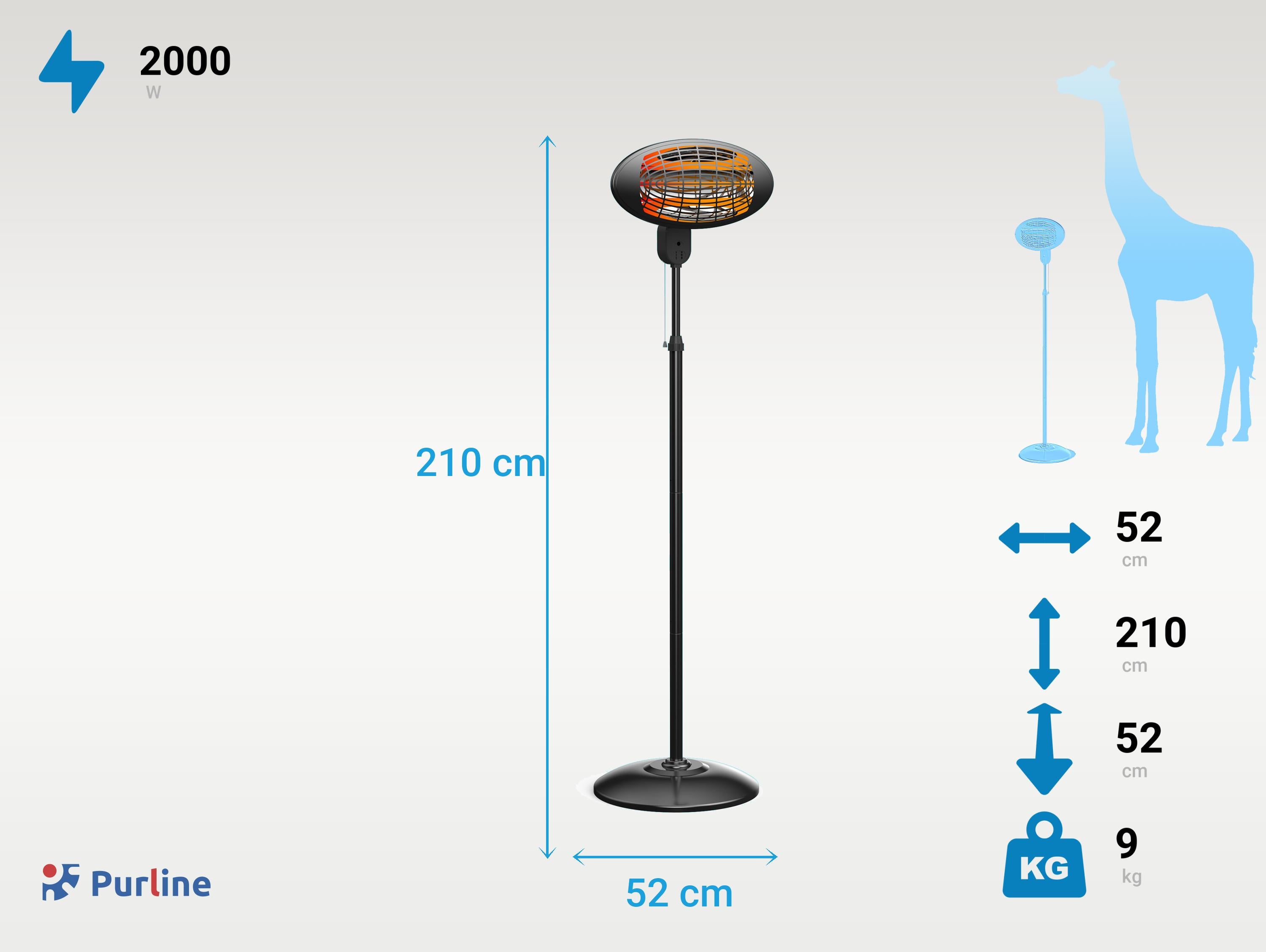 Chauffage halogène 2000W sur pied hauteur réglable, pour intérieure ou extérieure