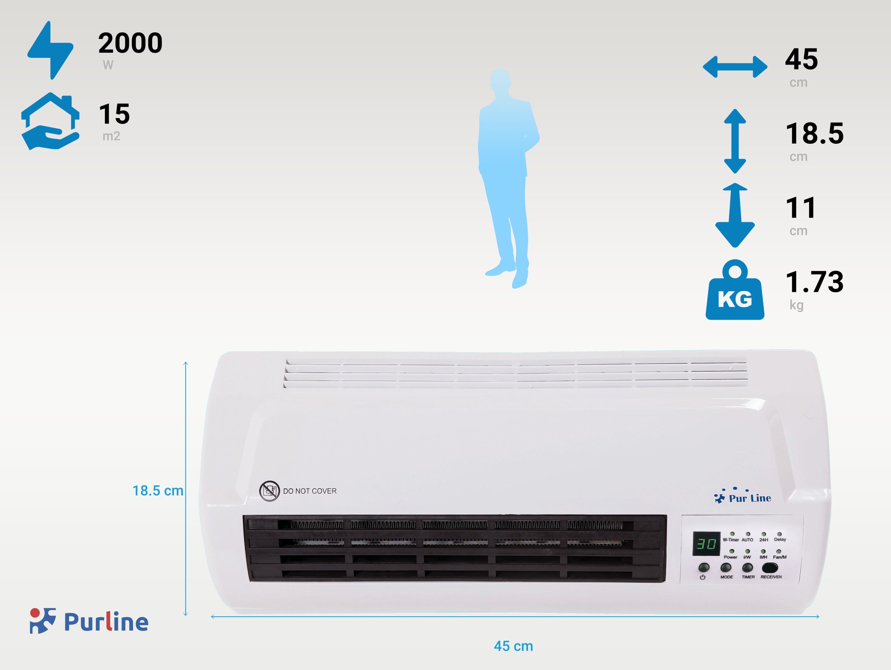 Chauffage split mural 2000 W avec télécommande et minuterie