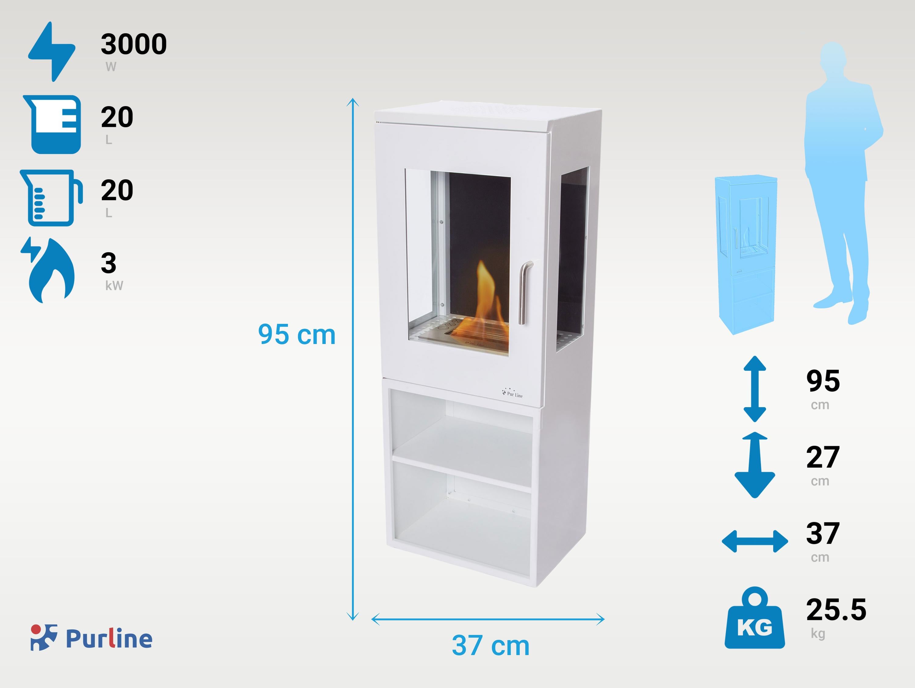 Cheminée à l'éthanol au sol en acier blanc avec compartiment de rangement