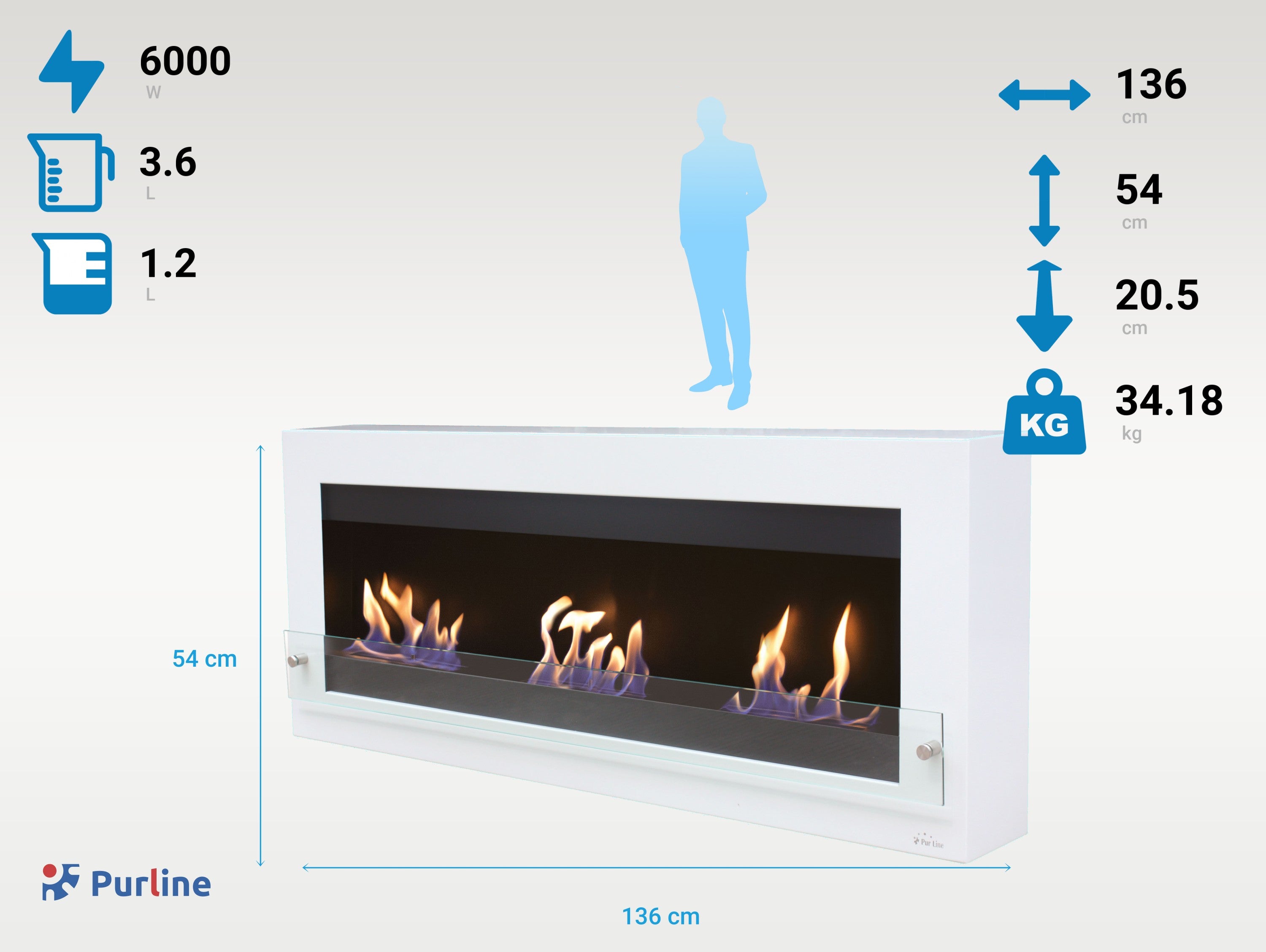 Cheminée à l'éthanol grand format avec 3 feux et verre décoratif