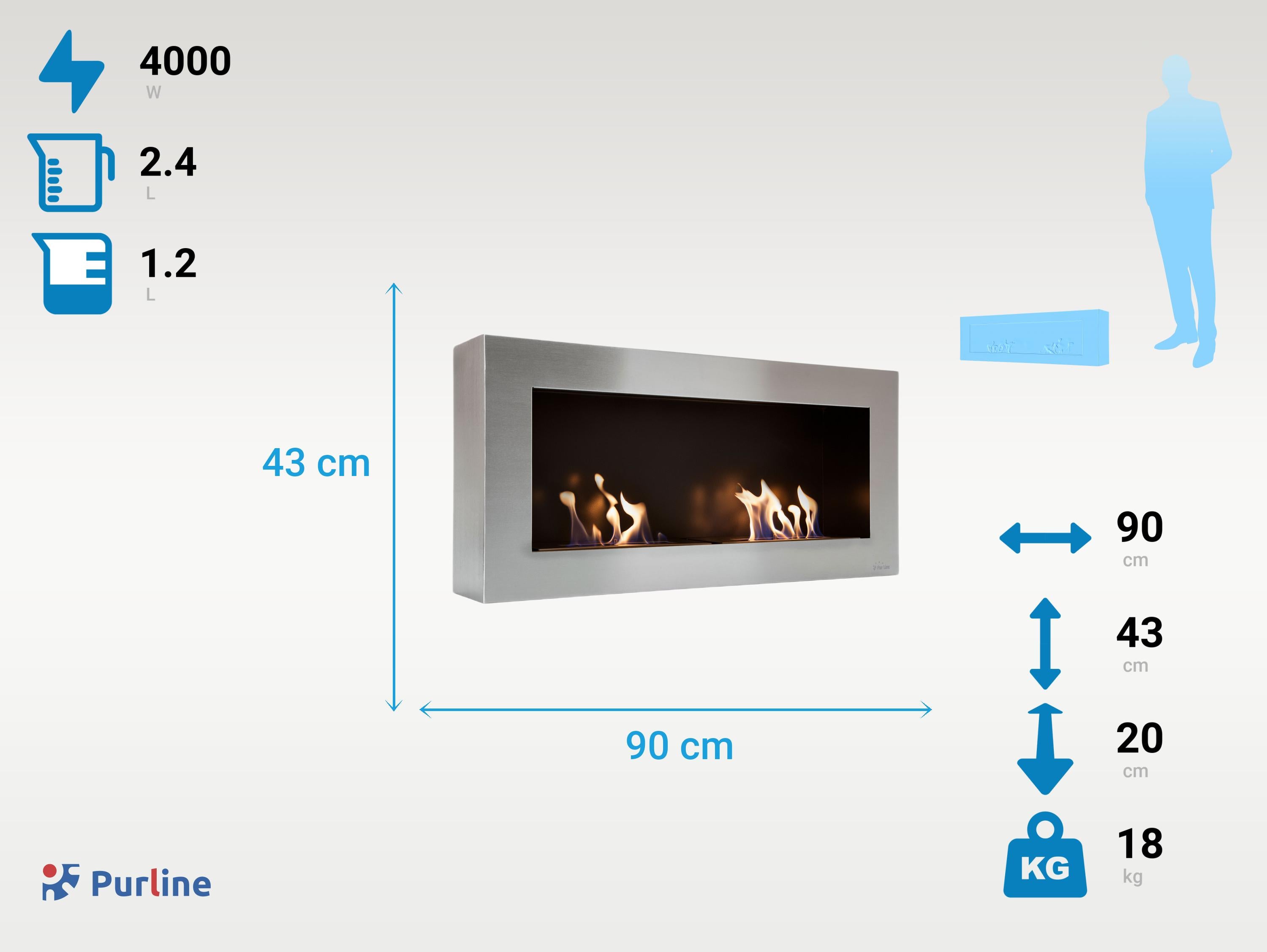 Cheminée murale à l'éthanol à double flamme en acier de grande largeur