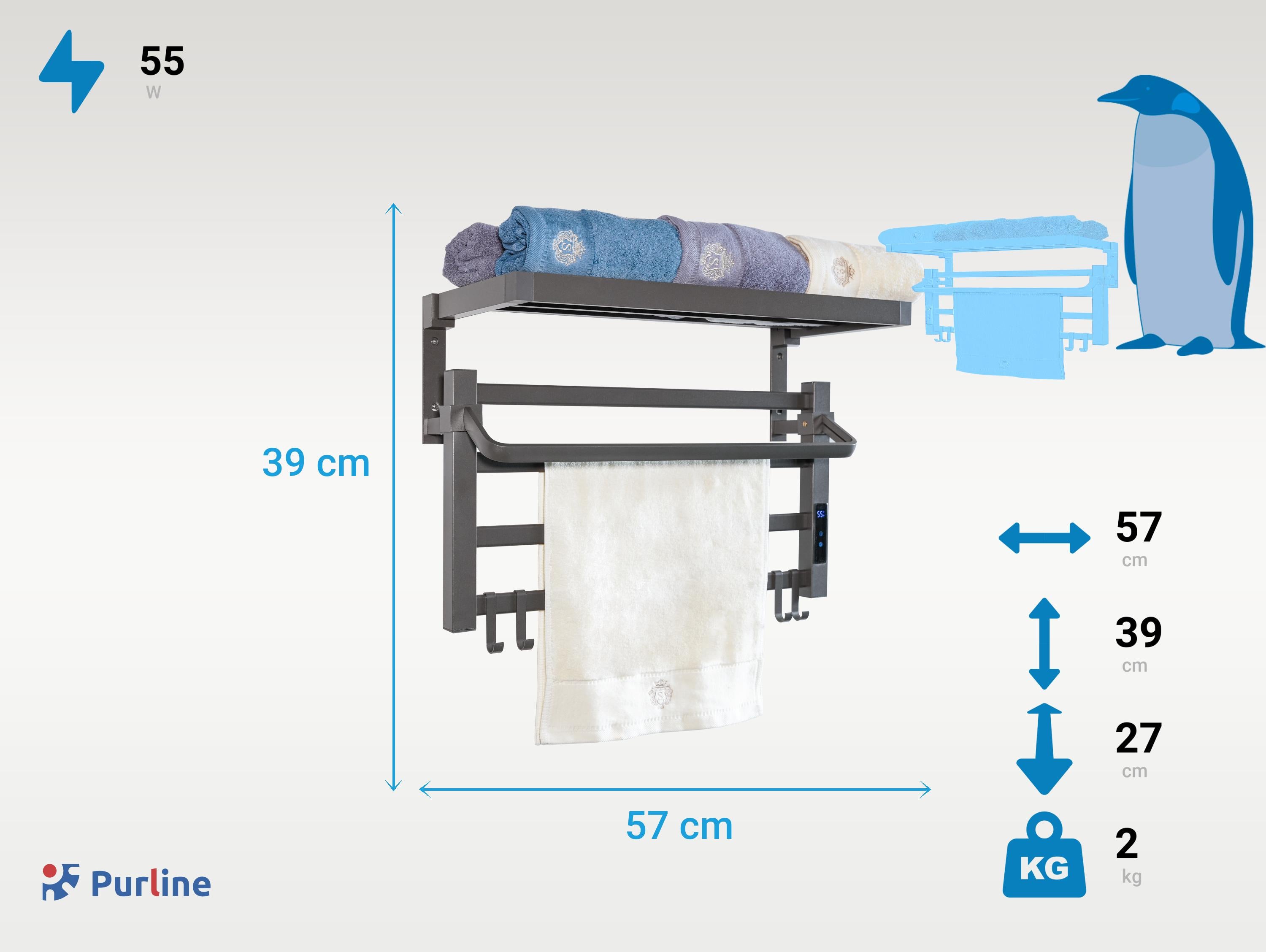 Radiateur sèche-serviettes électrique avec étagère noir 55W